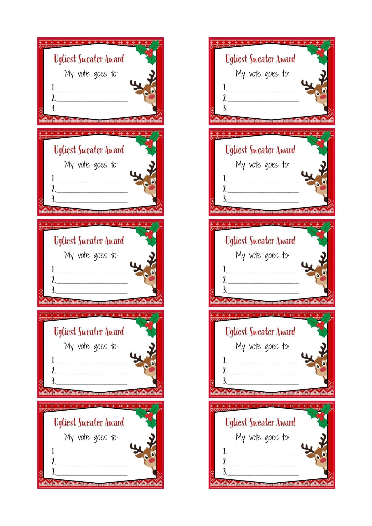 Ugly sweater voting ballots in reindeer design.