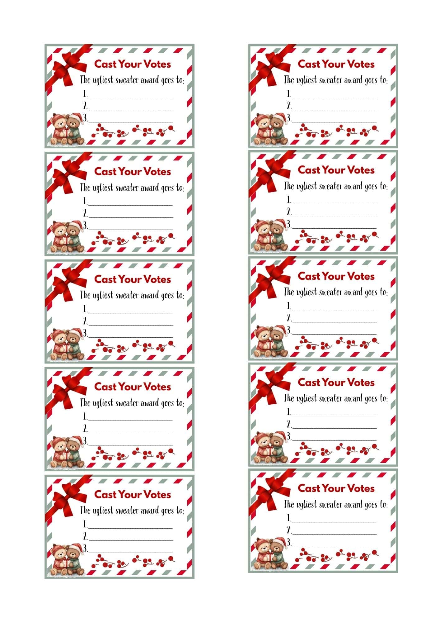 Ugly sweater voting ballots in teddy bears design.