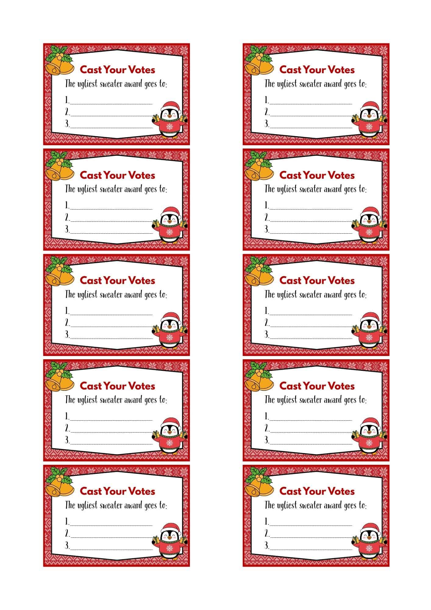 Ugly sweater voting ballots in penguin design.