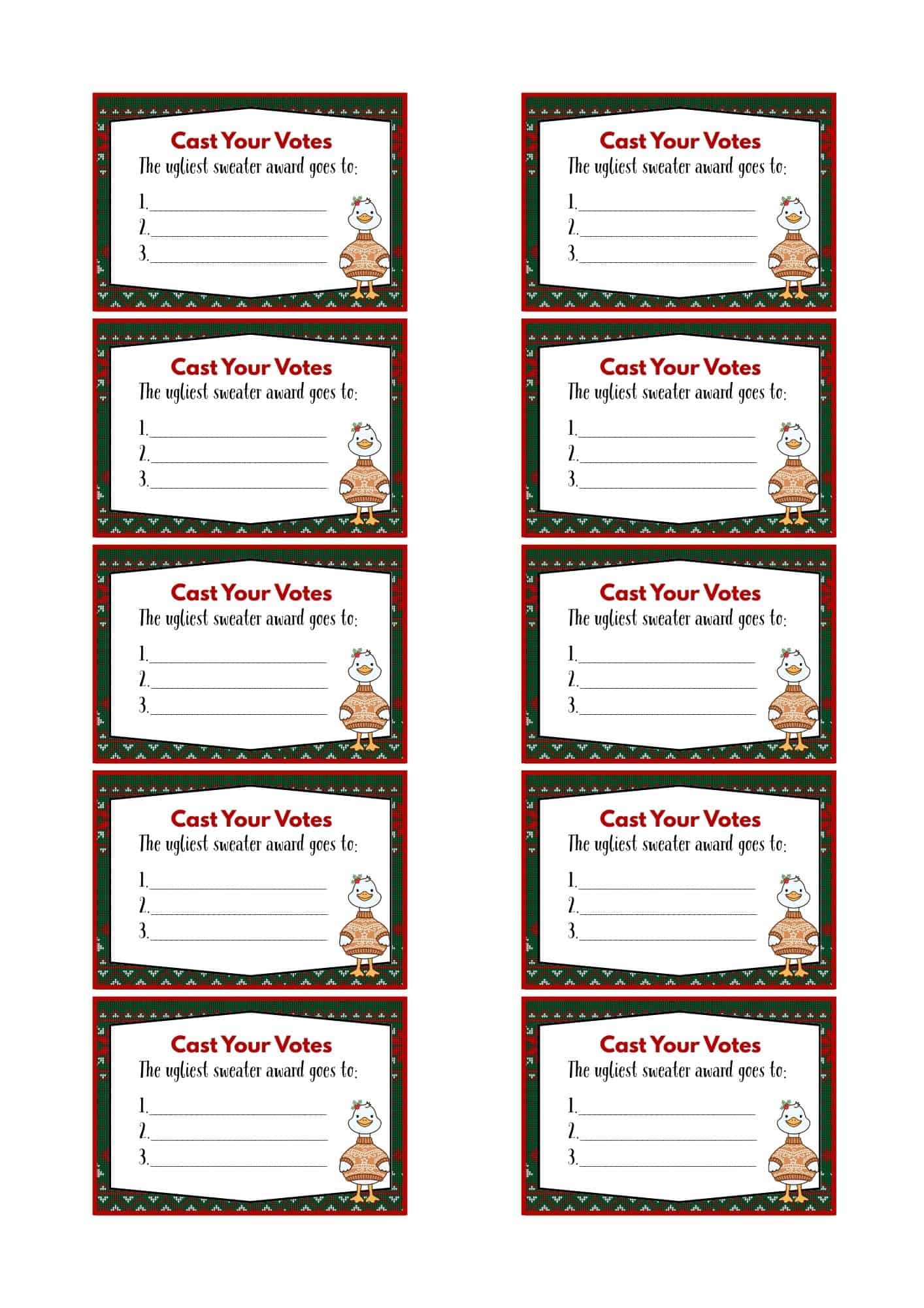 Ugly sweater voting ballots in duck design.