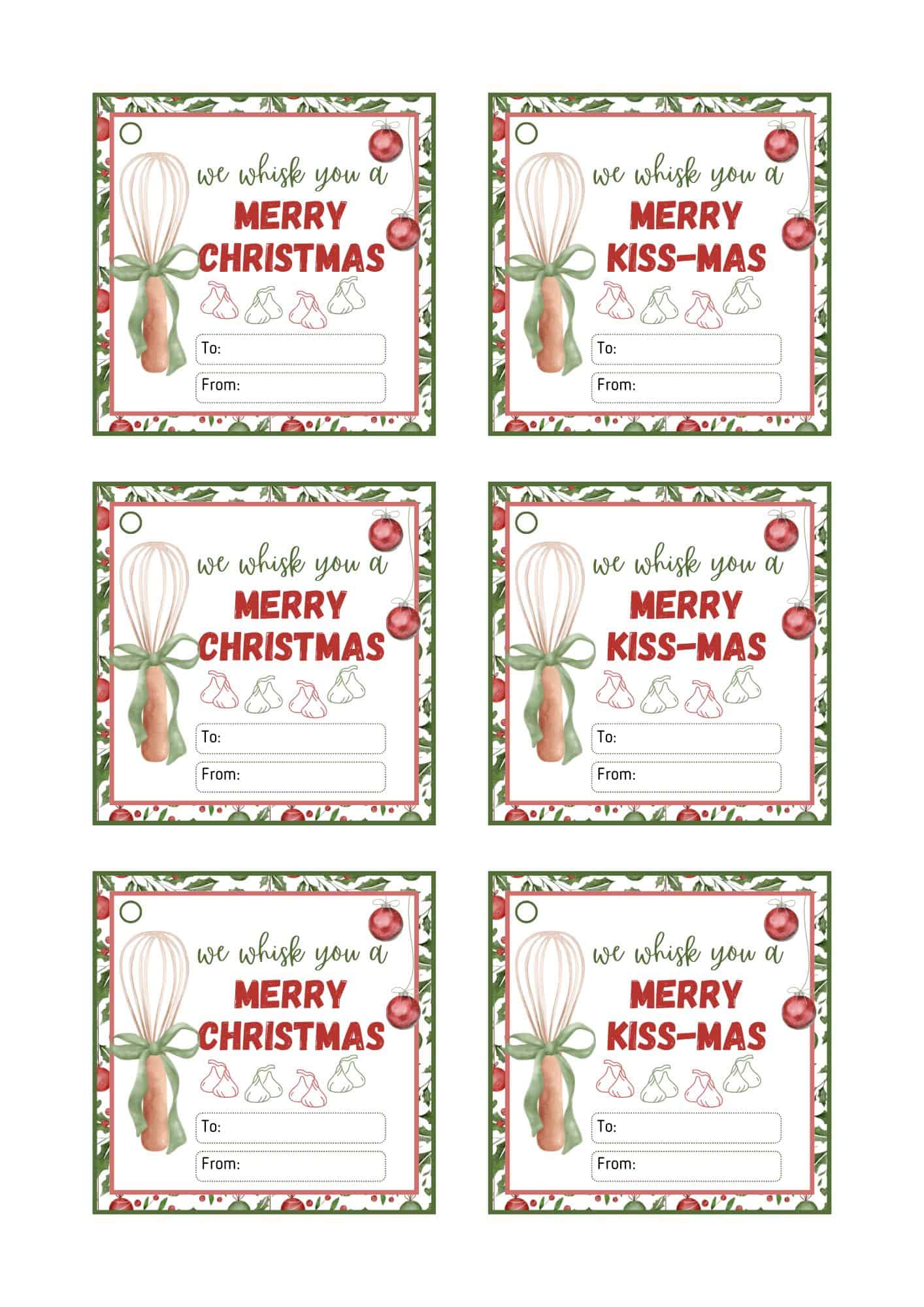 Six square gift tags with whisks and Hershey's chocolate design.