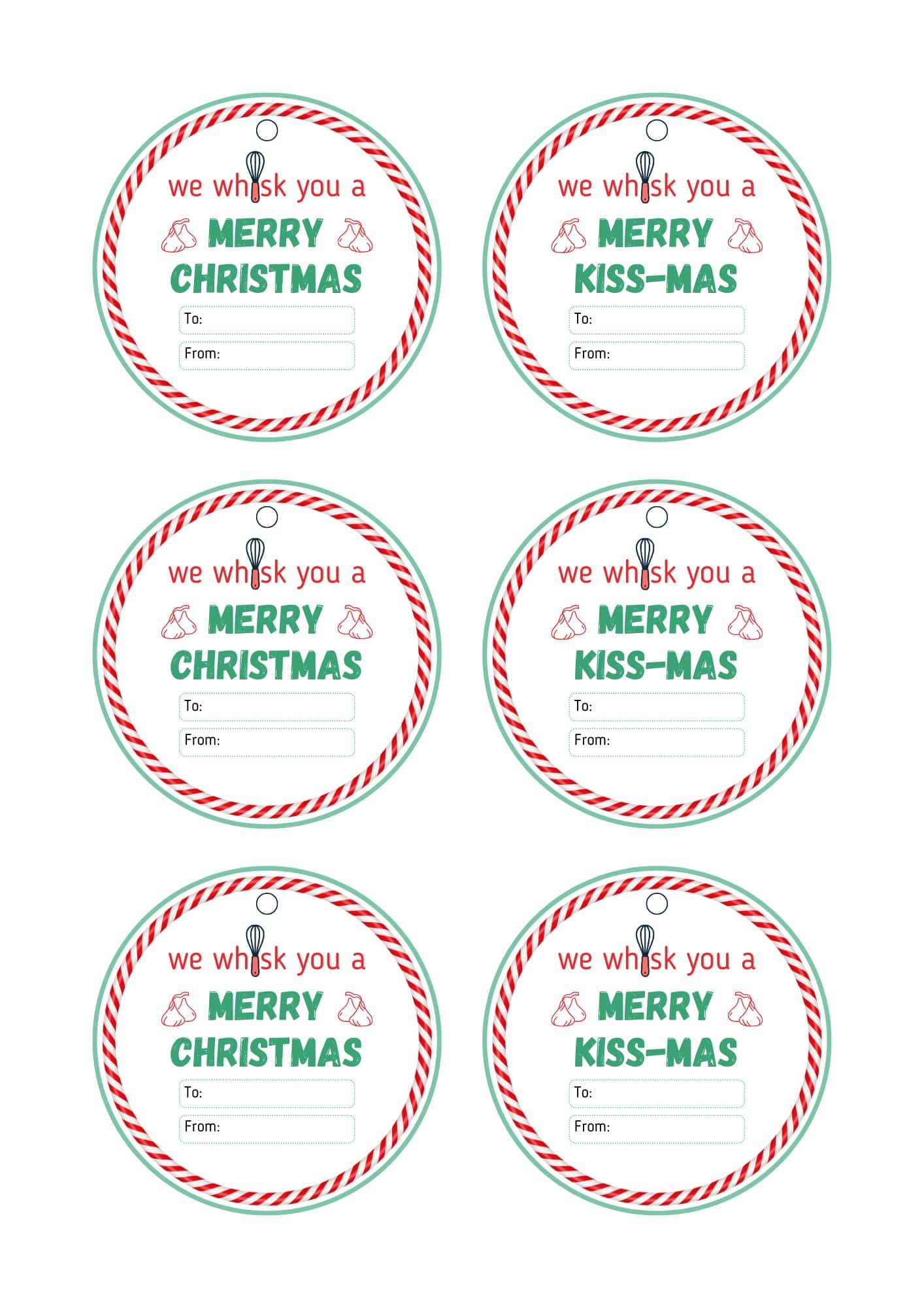 Six round gift tags with whisks and Hershey's chocolate design.