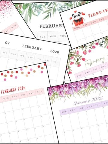 Printable February monthly calendars overlapping on one another.