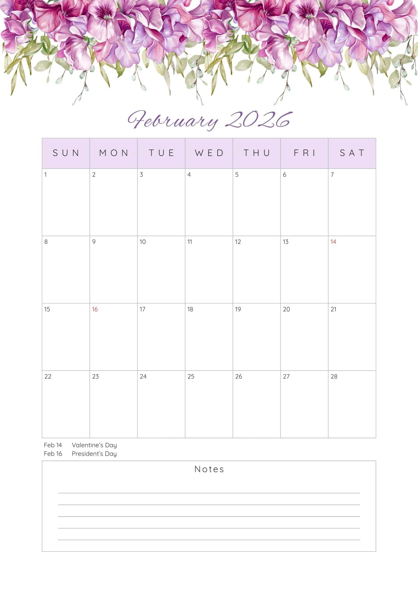 Printable February monthly calendar in purple flowers border design.