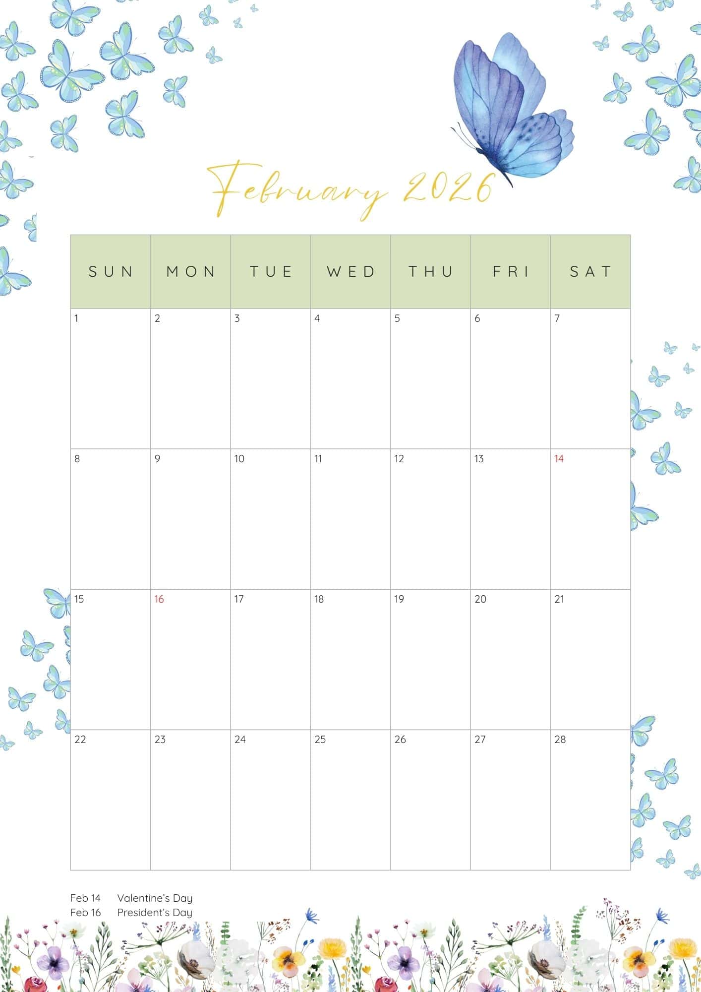 Blue butterflies February calendar in portrait.