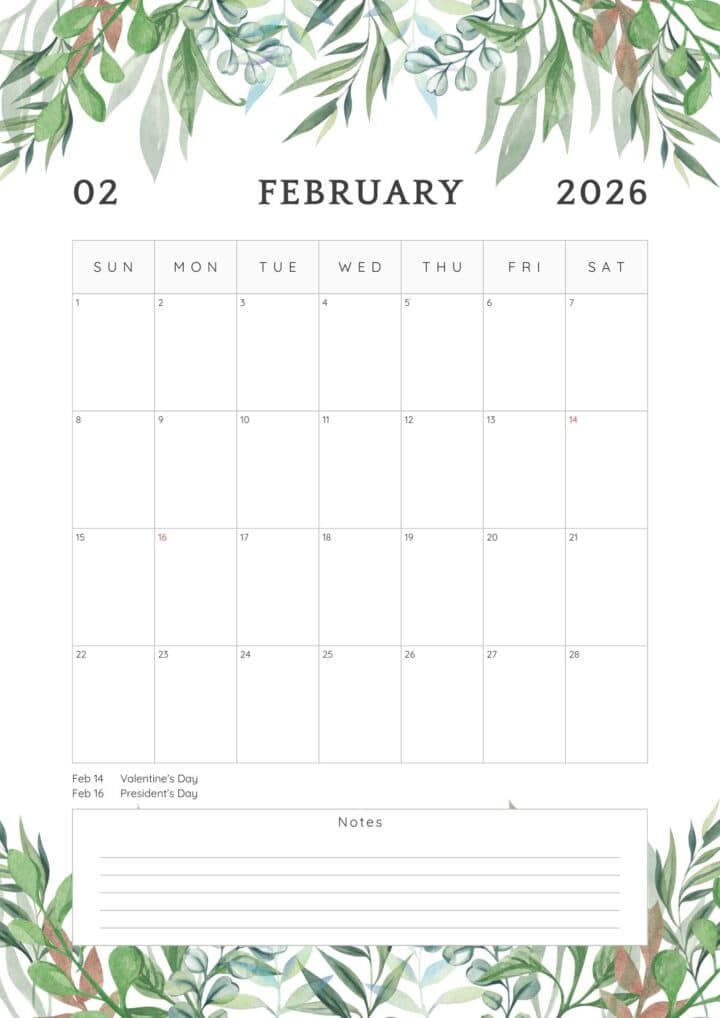 Green leaves February calendar in portrait.