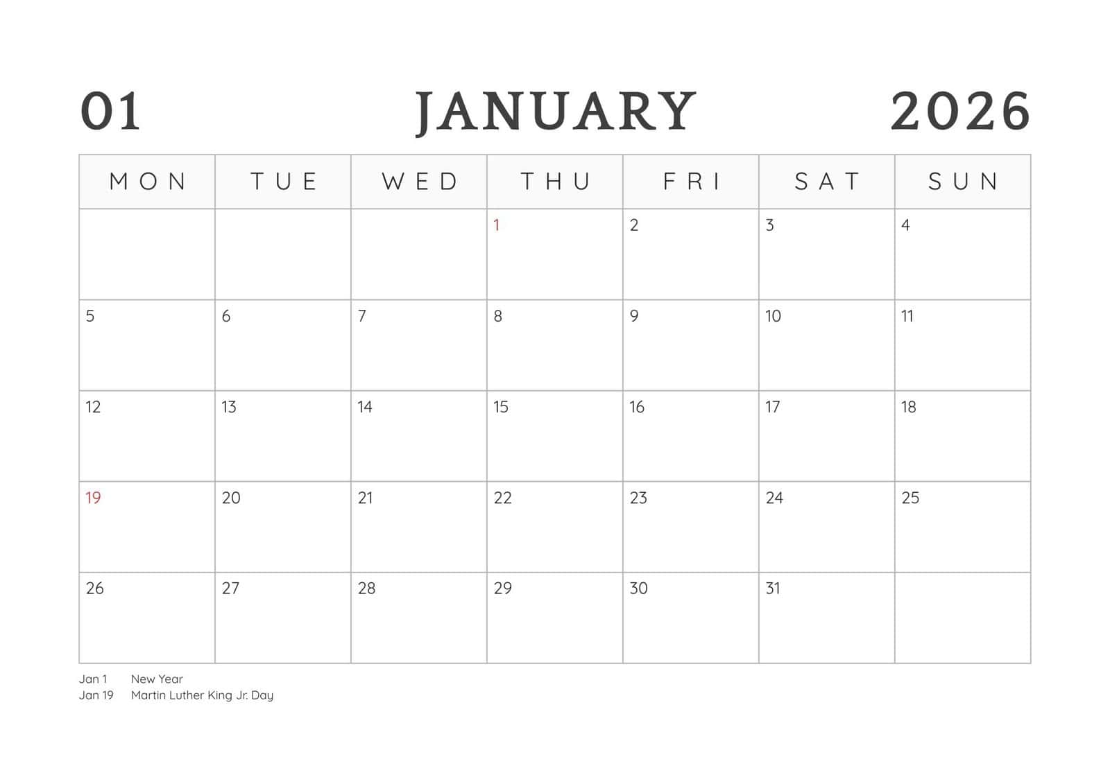 Minimalist Monday start January 2026 calendar with holidays.