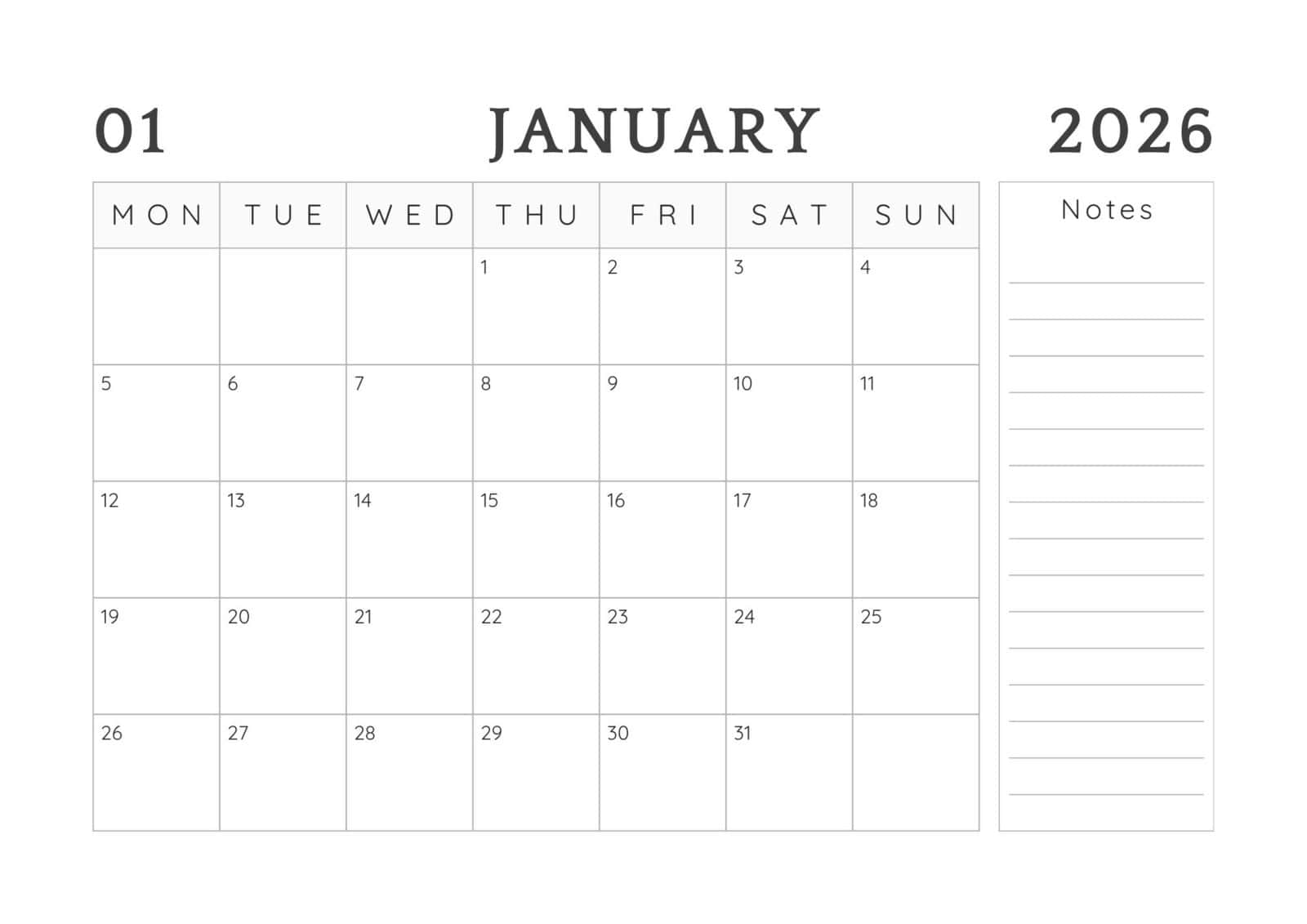 Minimalist Monday start January 2026 calendar with notes.