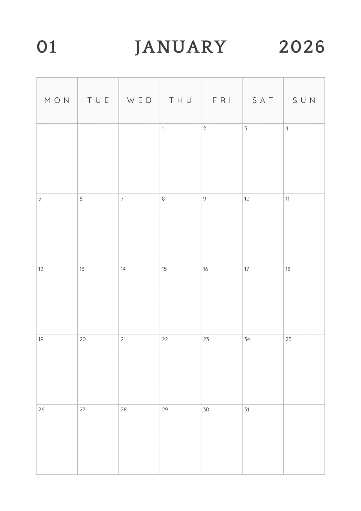Minimalist Monday start January 2026 calendar blank.