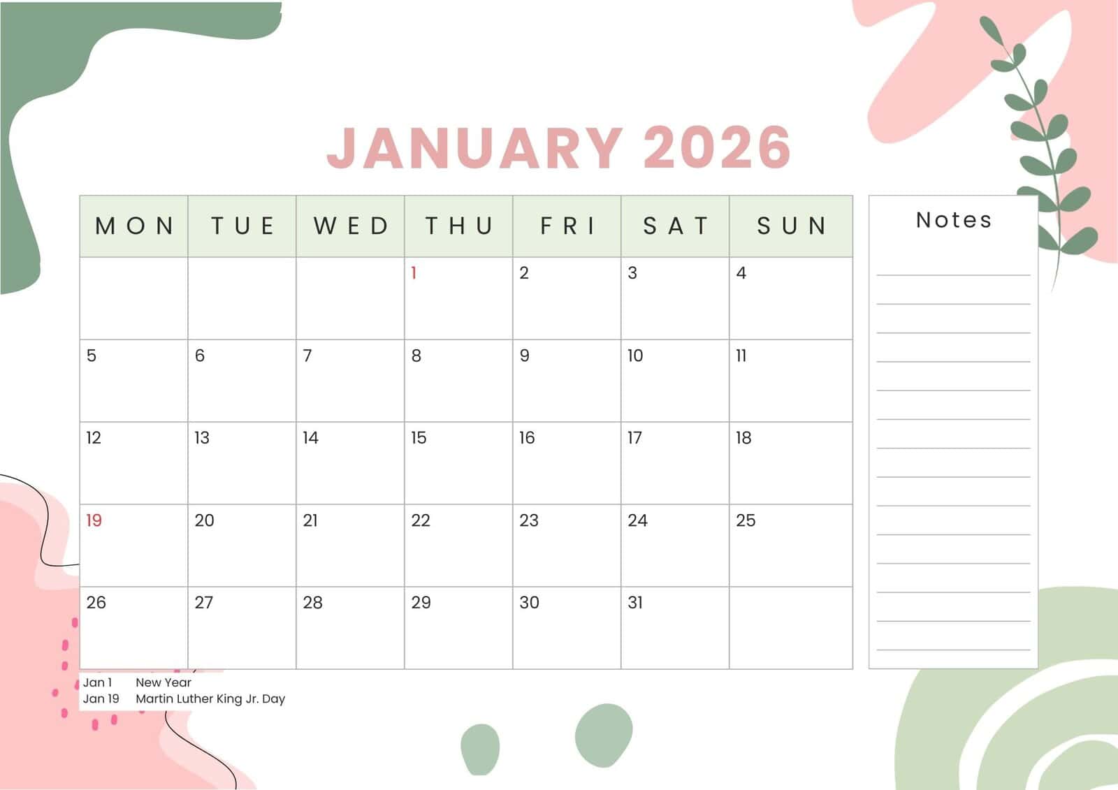 Monday start January 2026 calendar with notes and holidays.