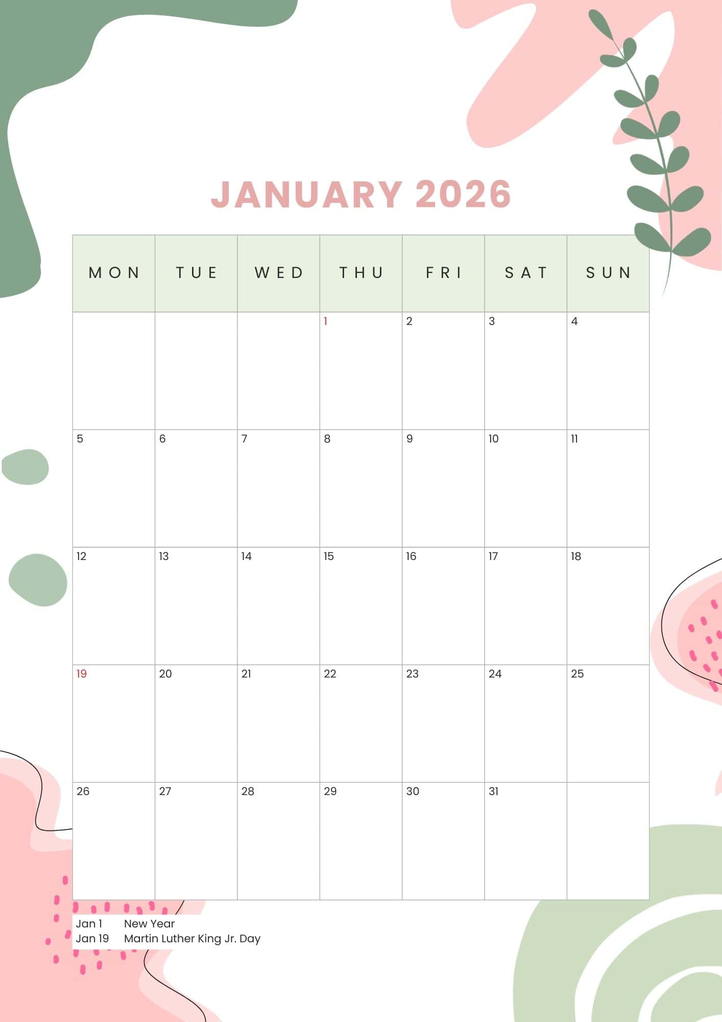 Monday start January 2026 calendar with holidays.