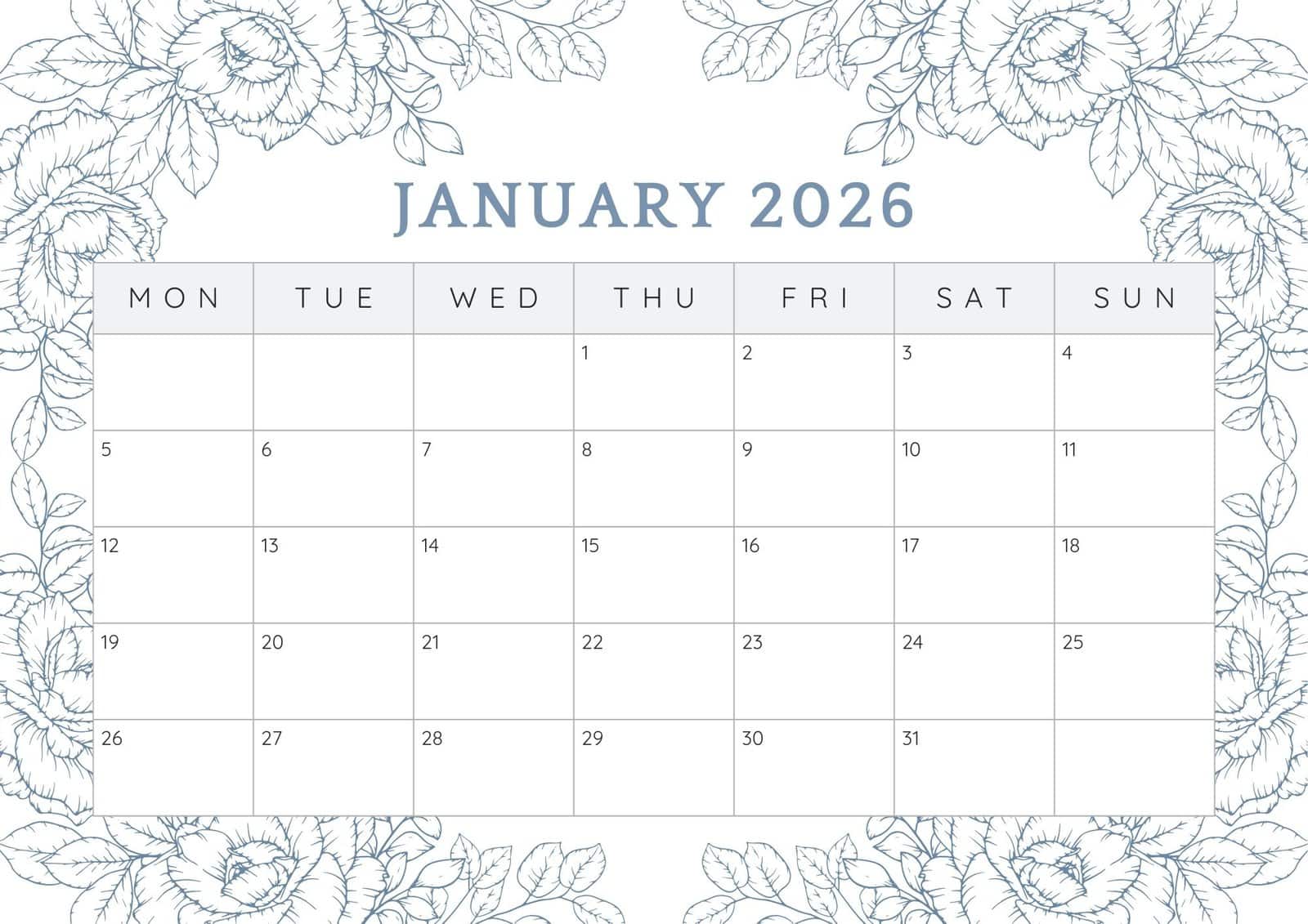 January 2026 blank calendar.