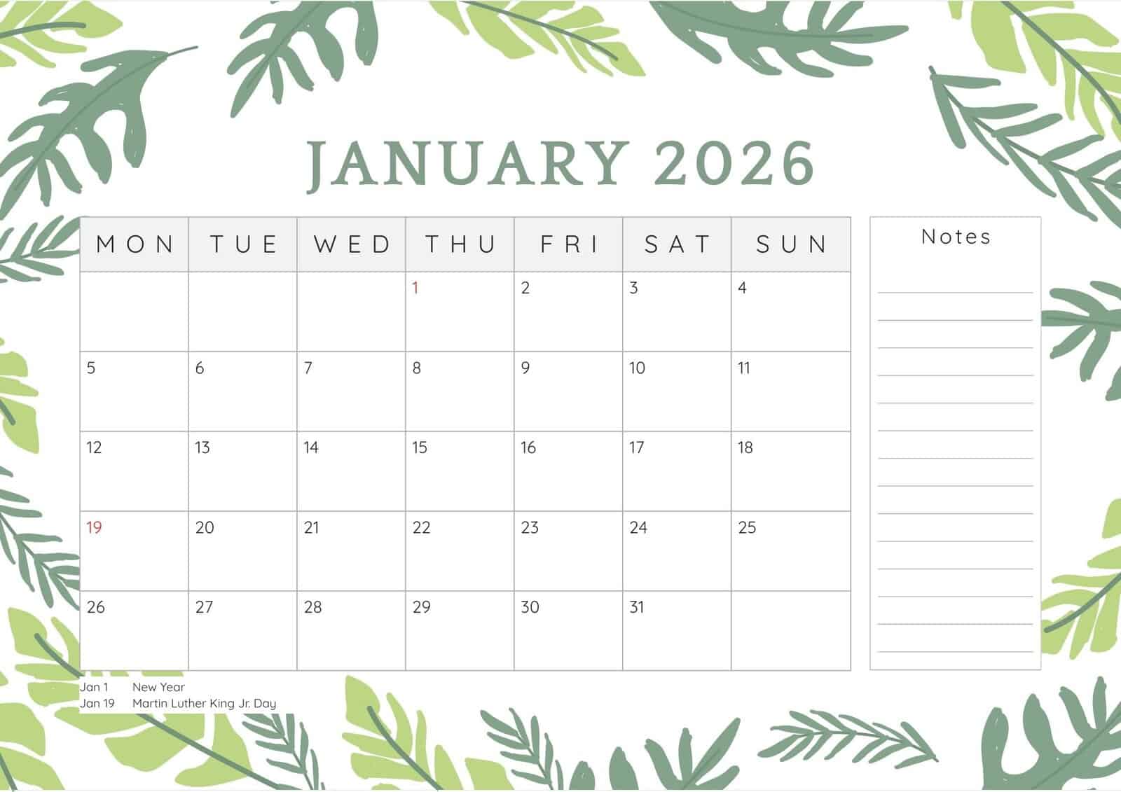 January 2026 printable calendar with notes and holidays.