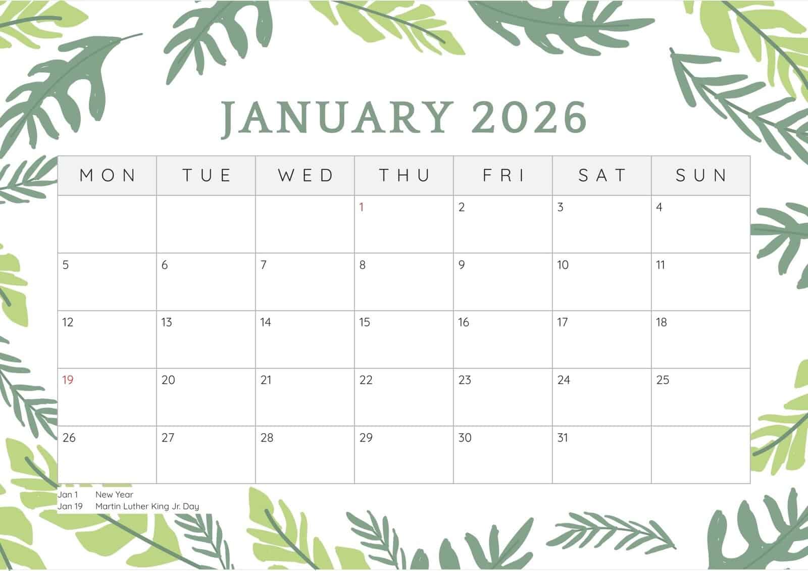 January 2026 printable calendar with holidays.