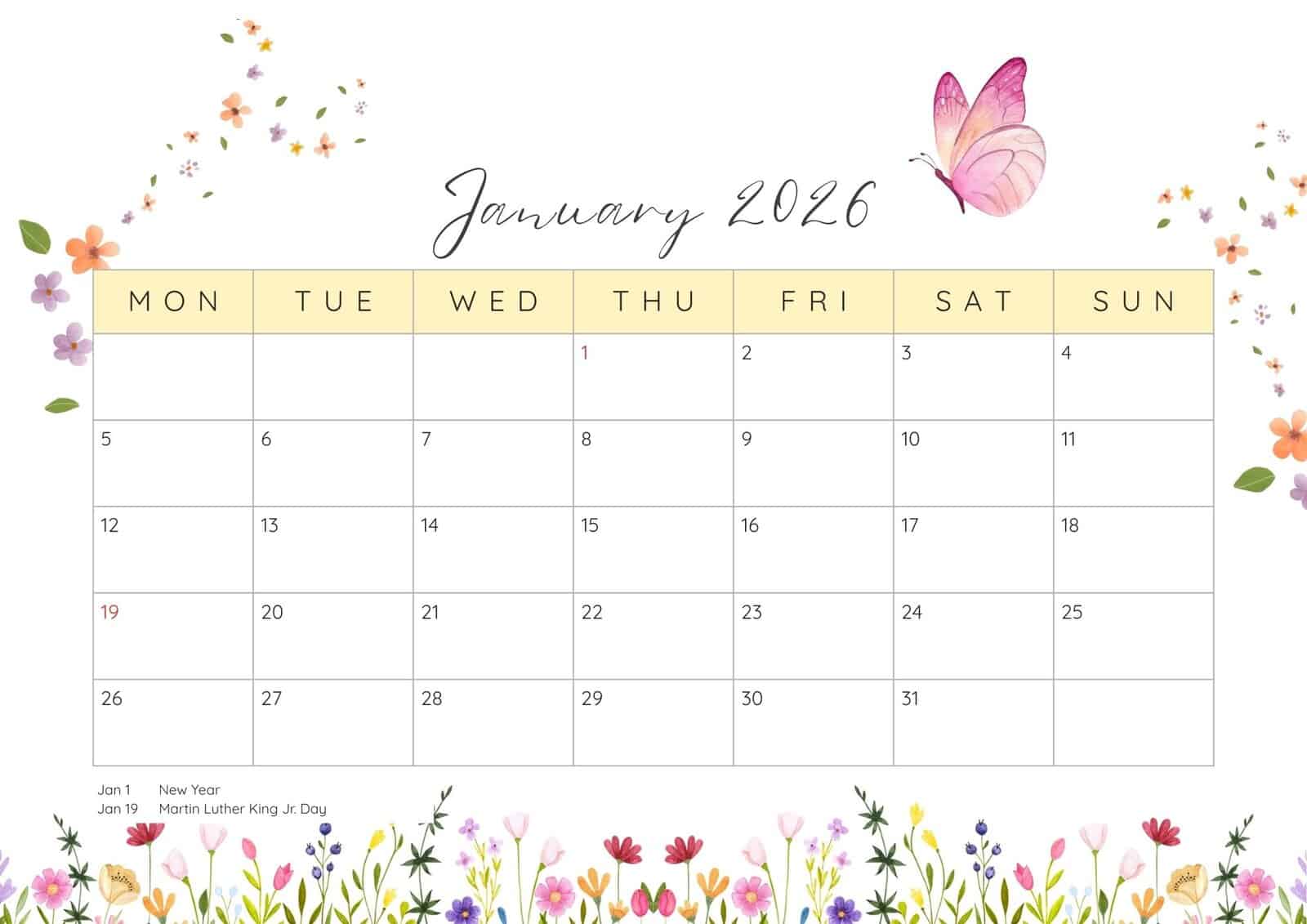 January 2026 printable calendar with holidays.