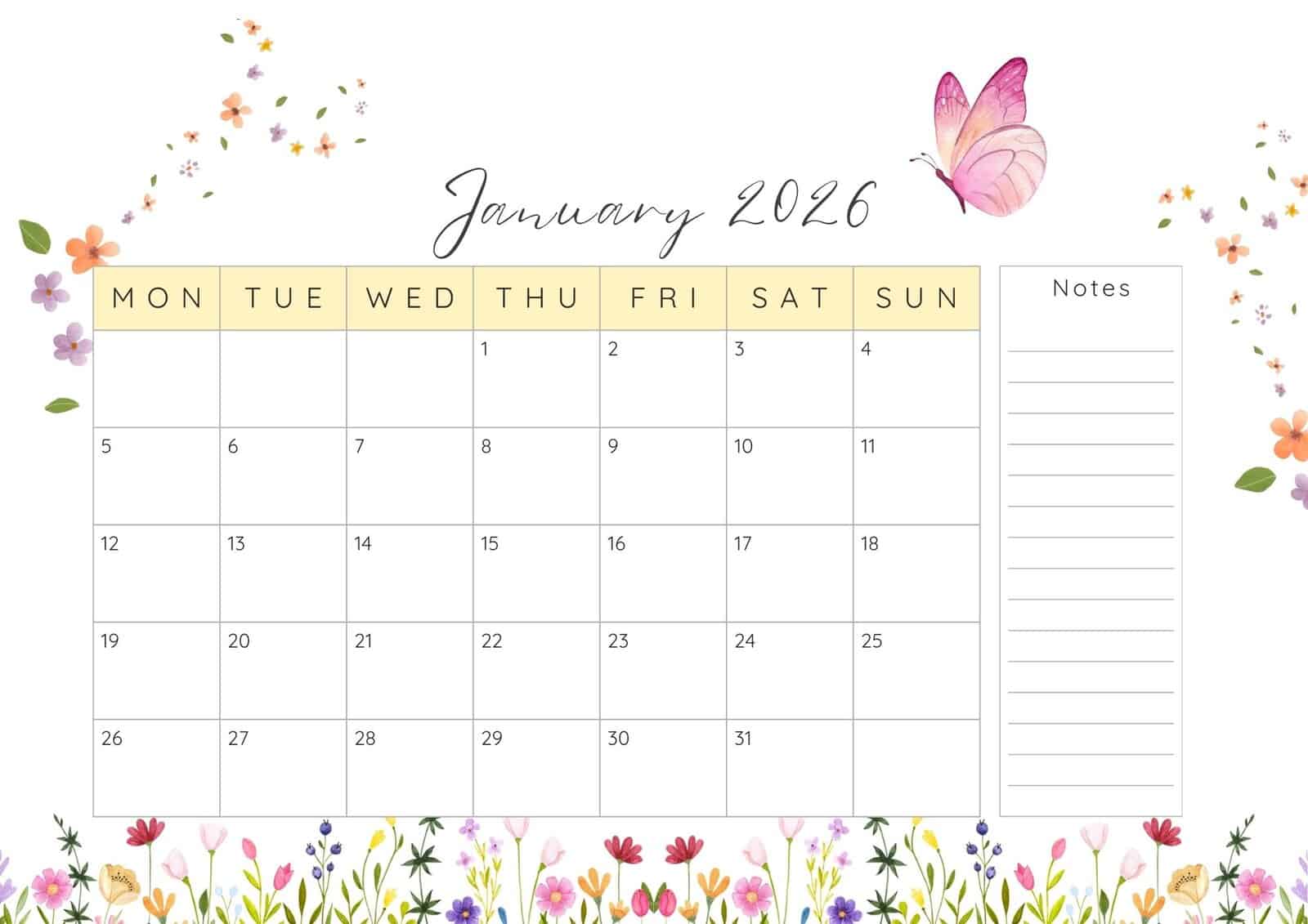 January 2026 printable calendar with notes.
