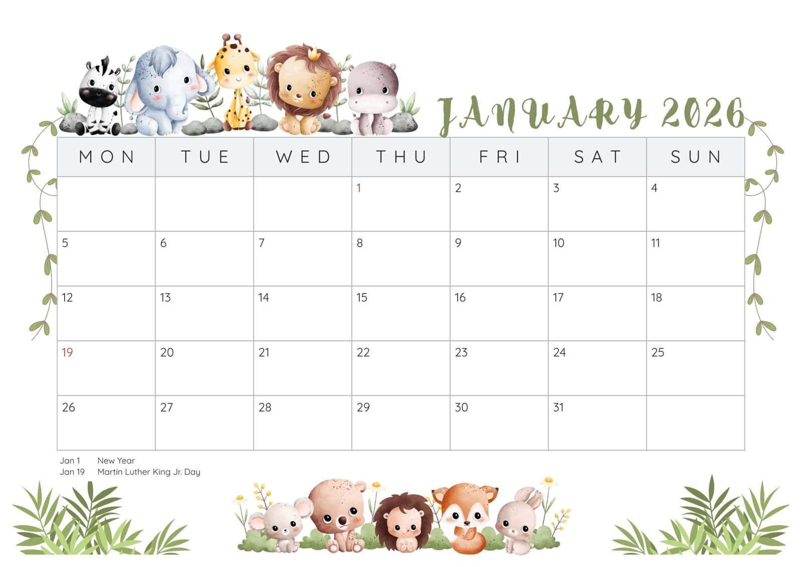 January 2026 printable calendar with holidays.