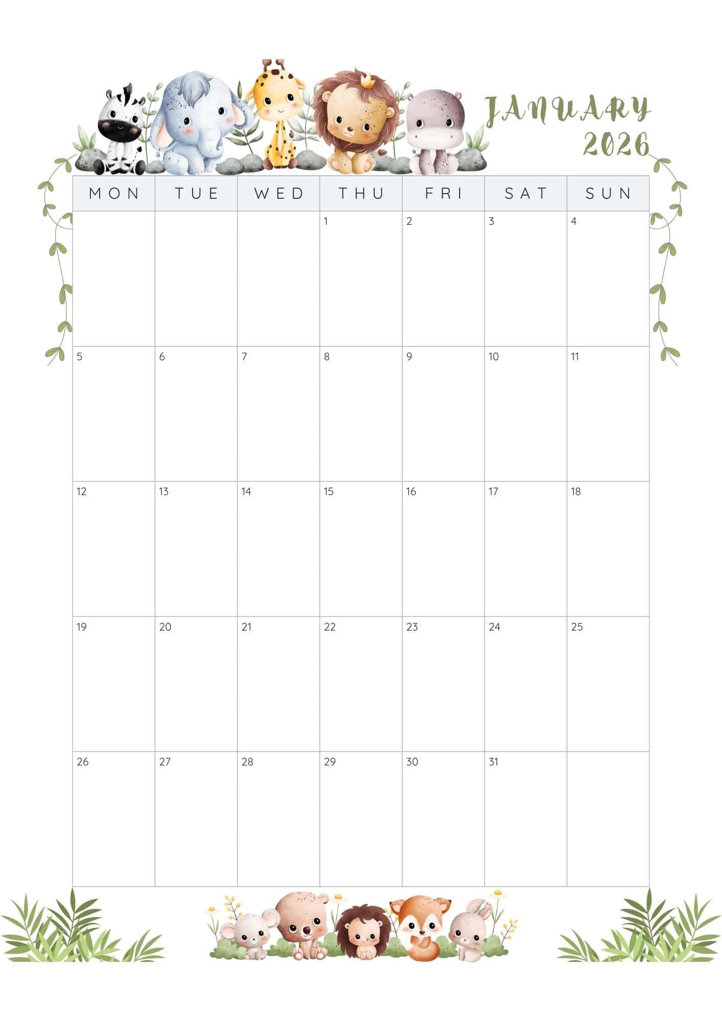 January 2026 blank calendar.