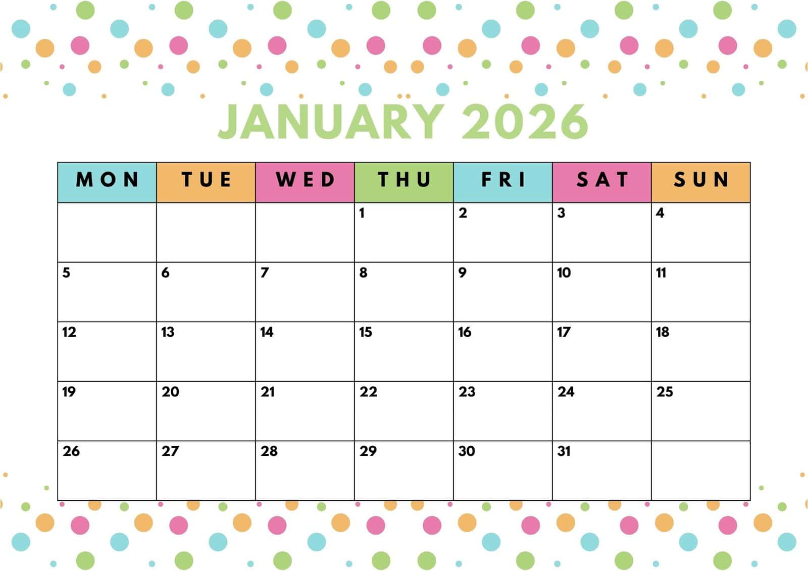 January 2026 blank calendar.
