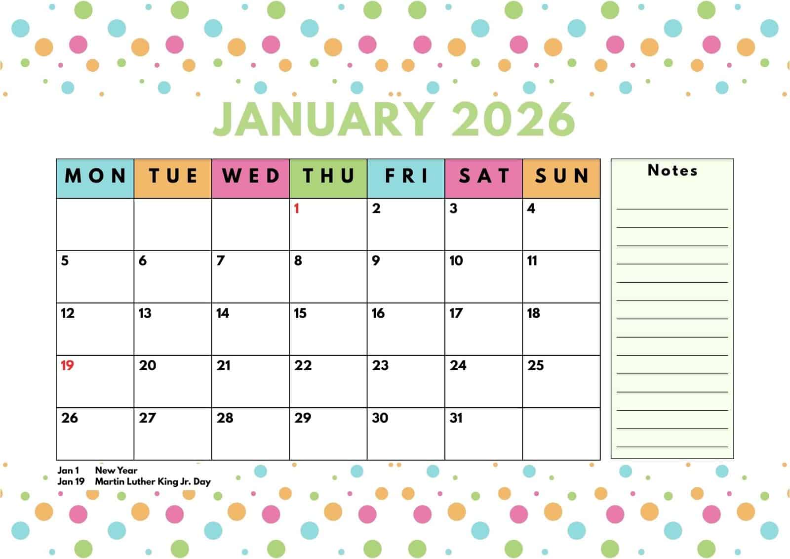 January 2026 printable calendar with notes and holidays.