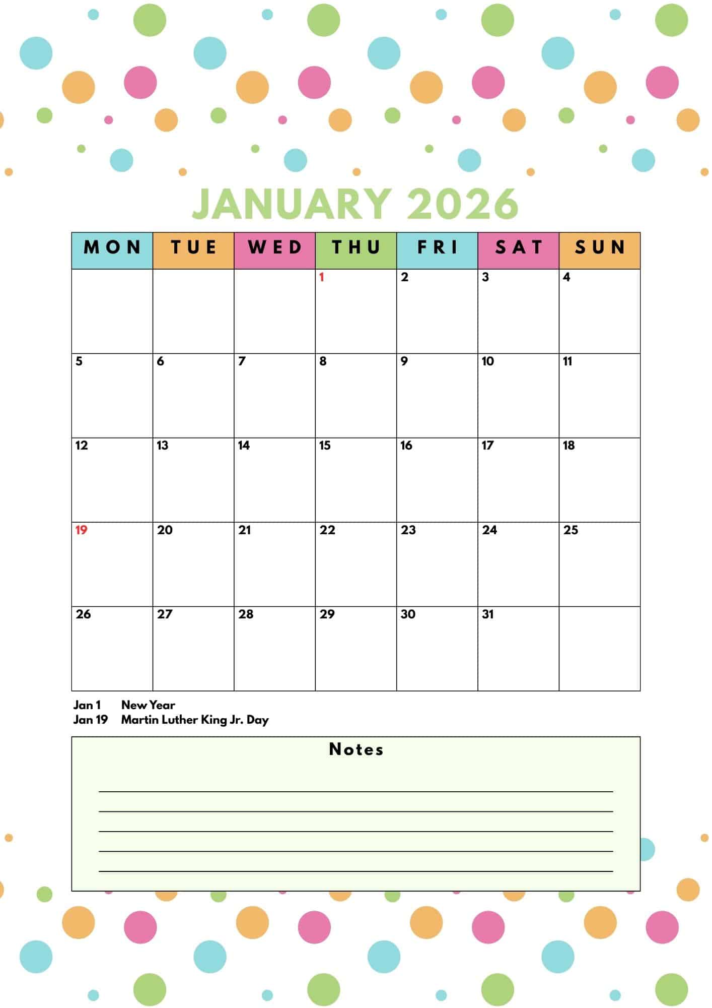 January 2026 printable calendar with notes and holidays.