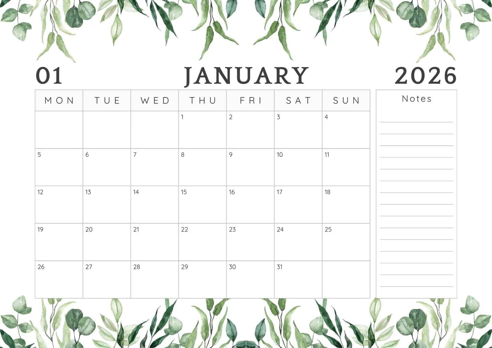 January 2026 printable calendar with notes.