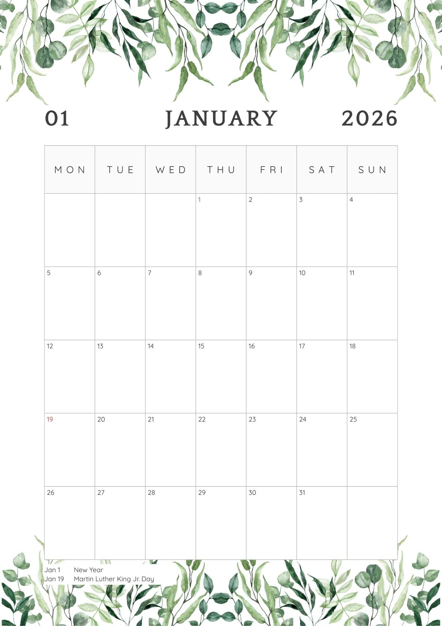 January 2026 printable calendar with holidays.