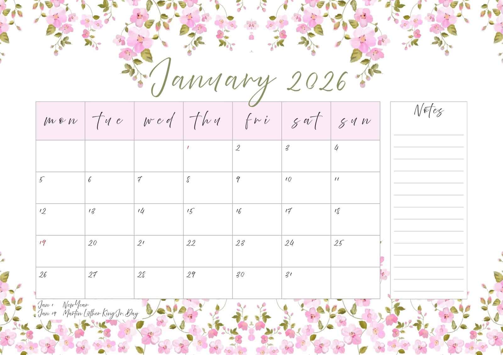 January 2026 printable calendar with notes and holidays.