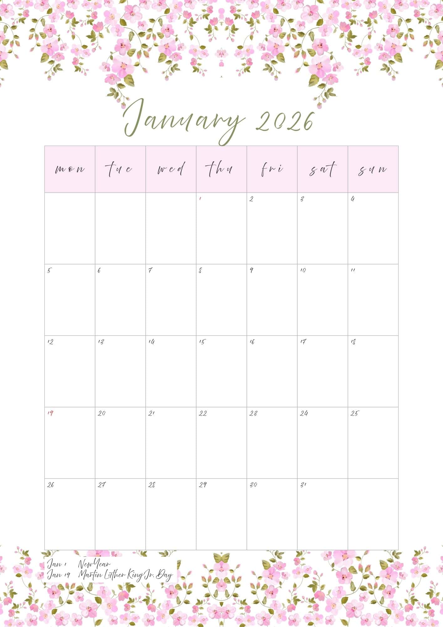 January 2026 printable calendar with holidays.