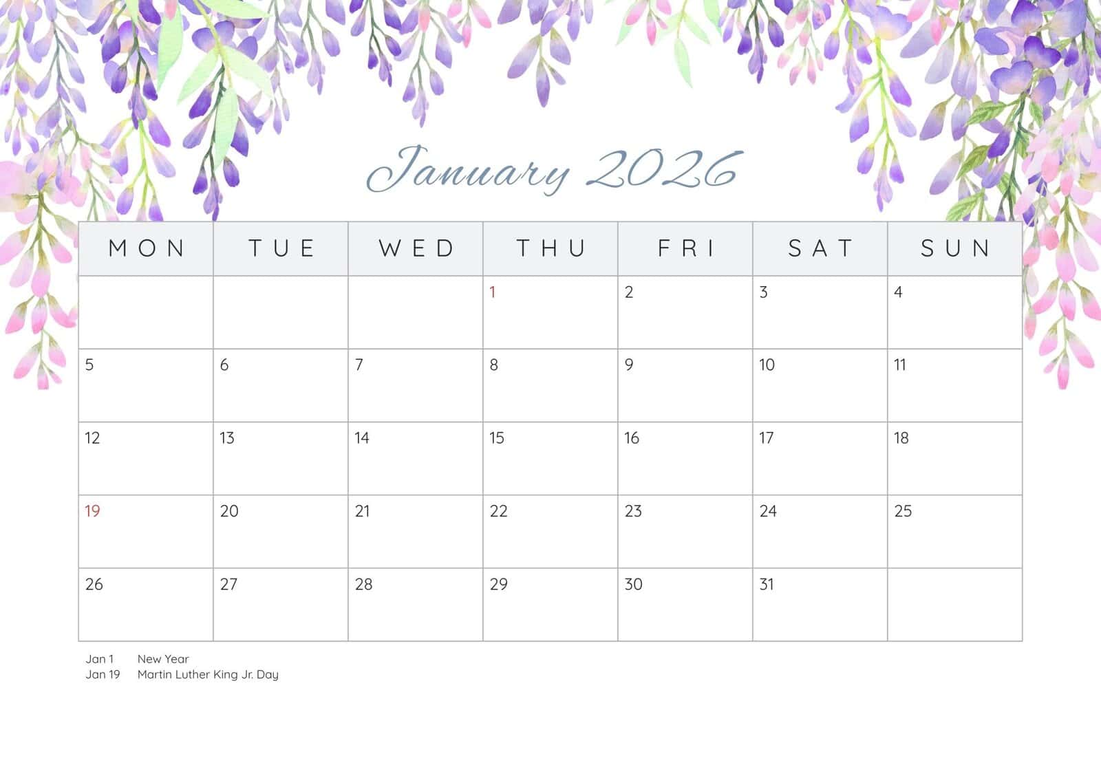 January 2026 printable calendar with holidays.