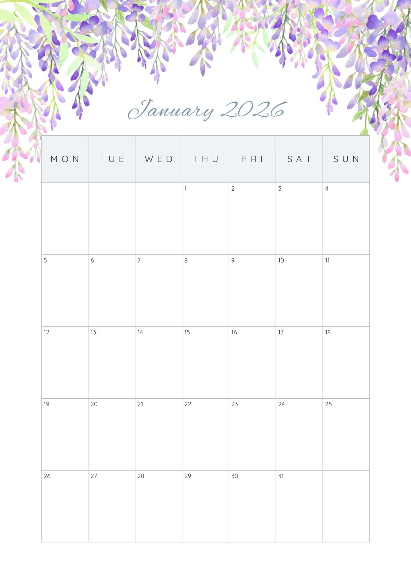 January 2026 blank calendar.