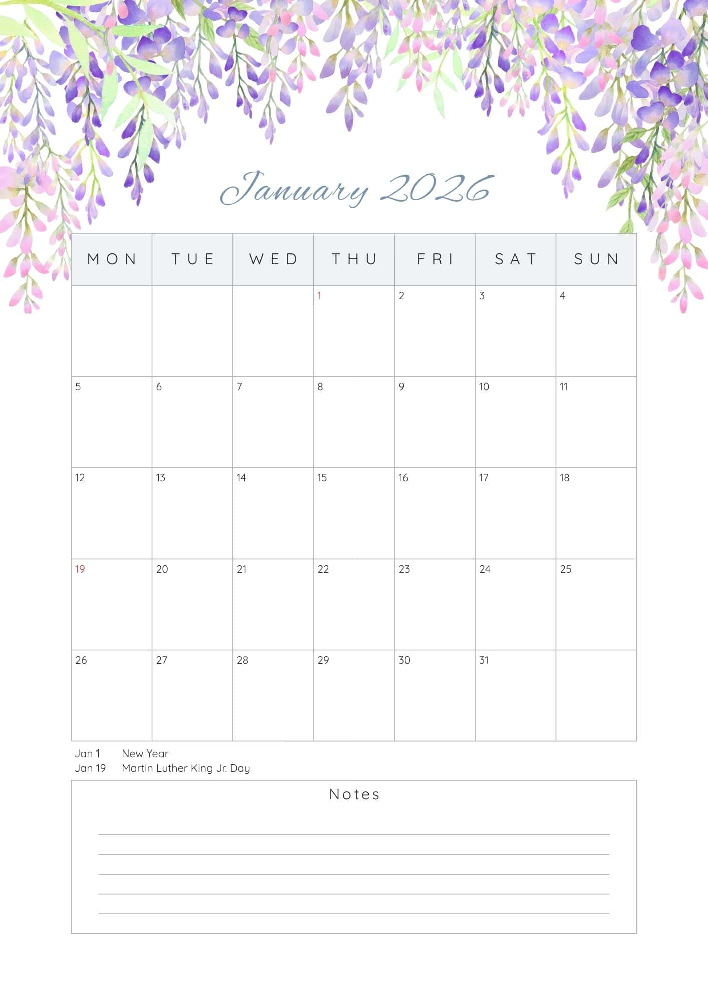 January 2026 printable calendar with notes and holidays.