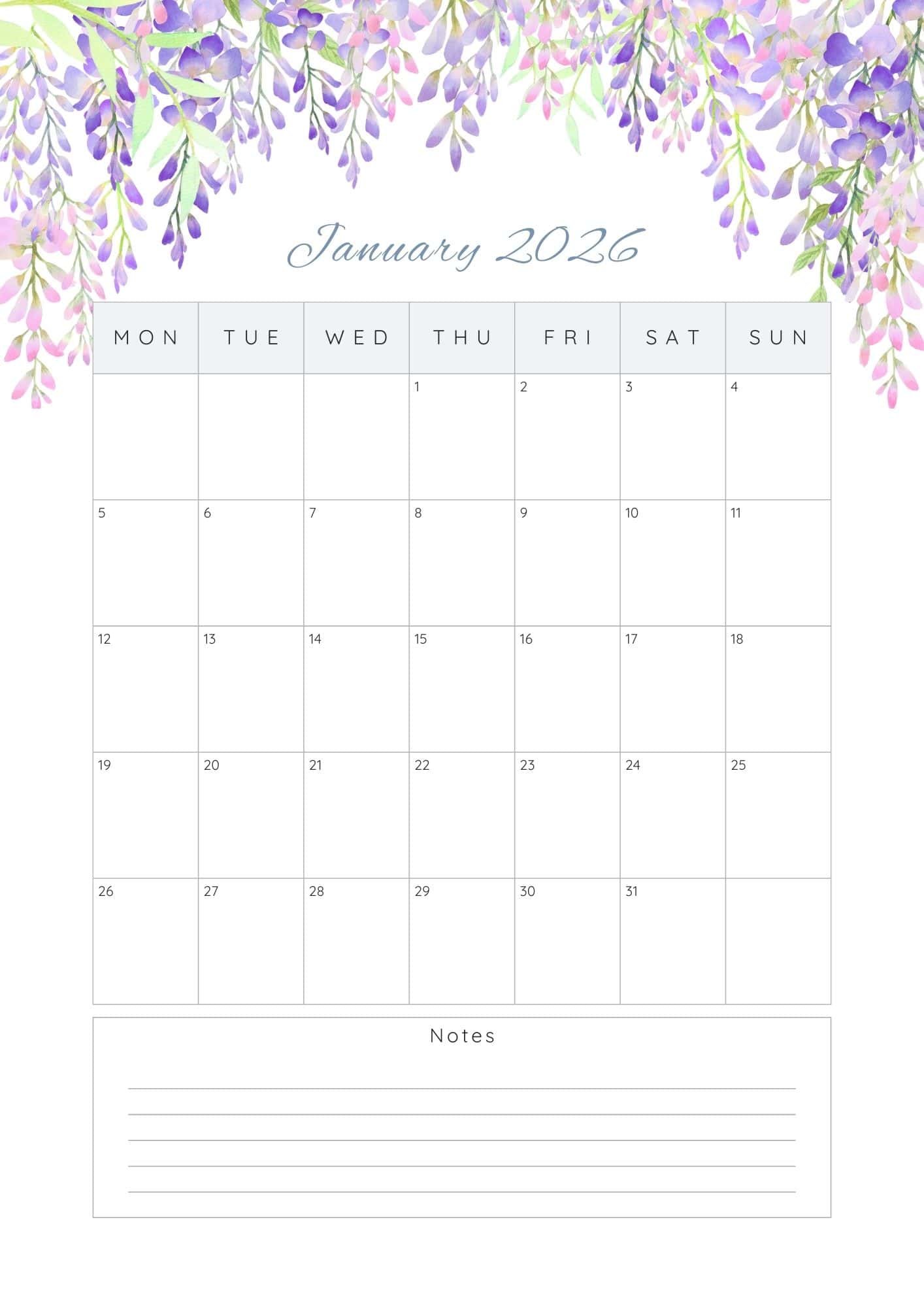 January 2026 printable calendar with notes.