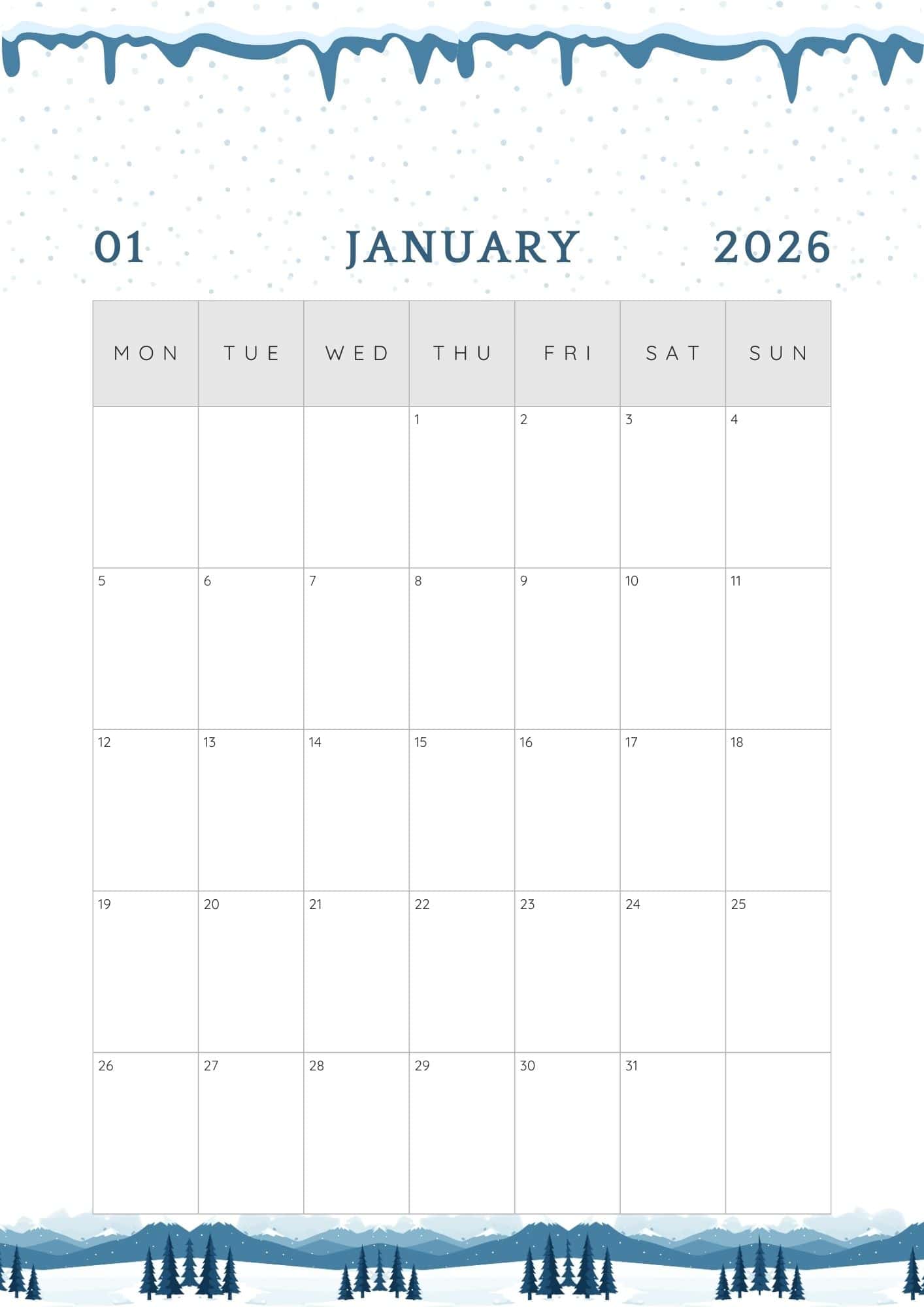 Monday start January 2026 calendar.