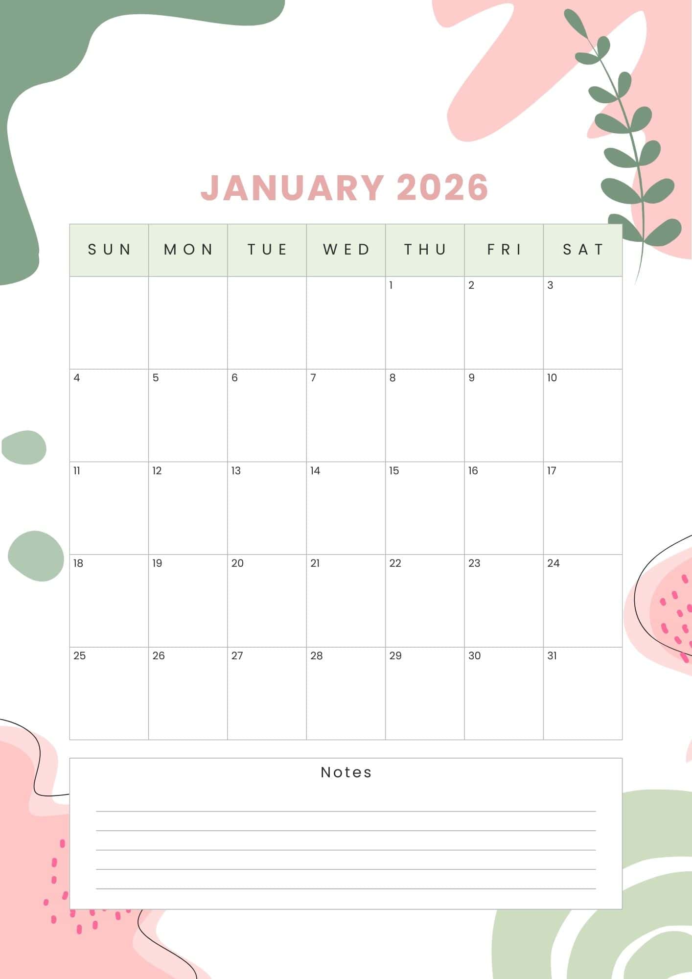Minimalist Monday start January 2026 calendar with notes.