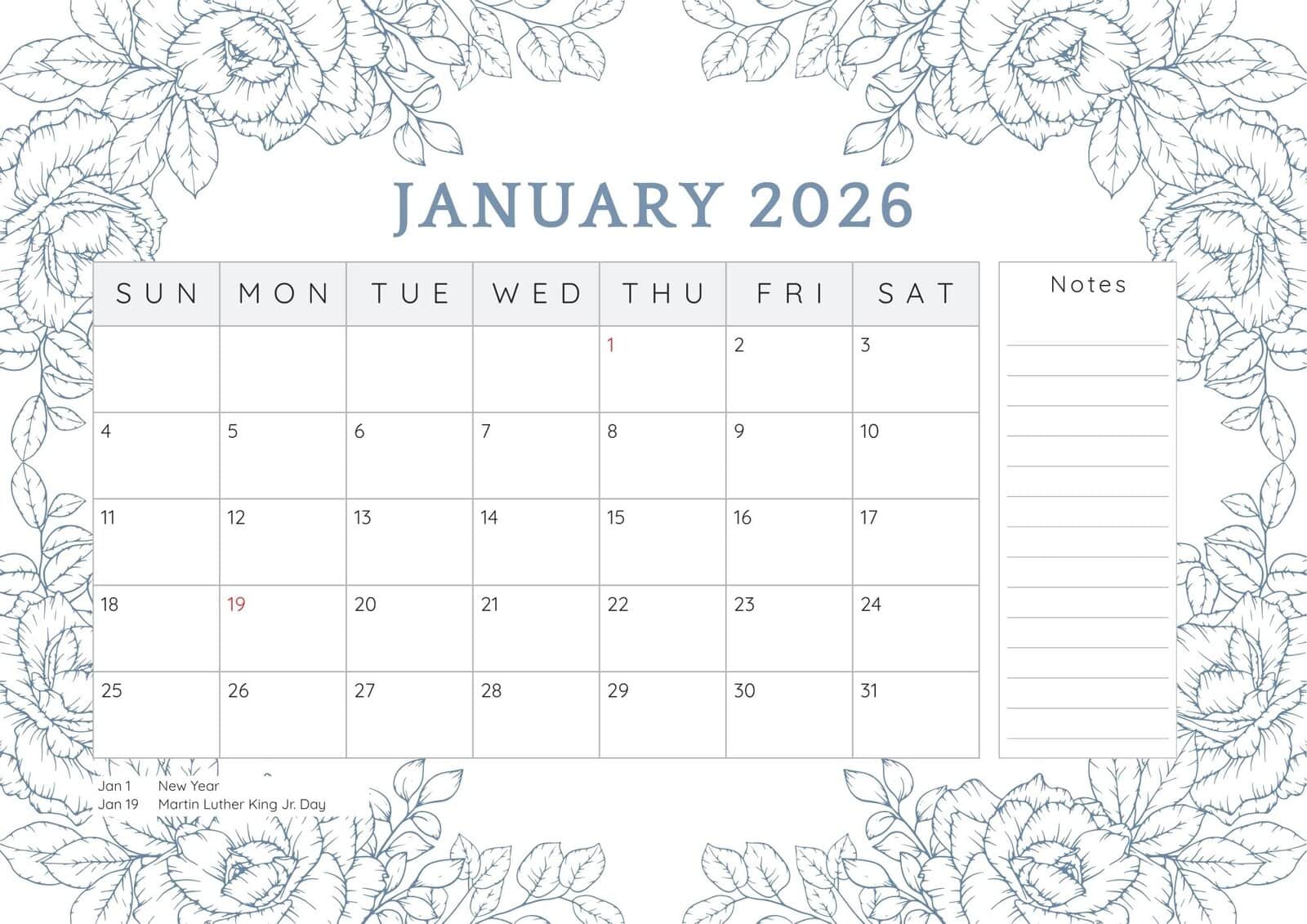 January 2026 printable calendar with notes and holidays.