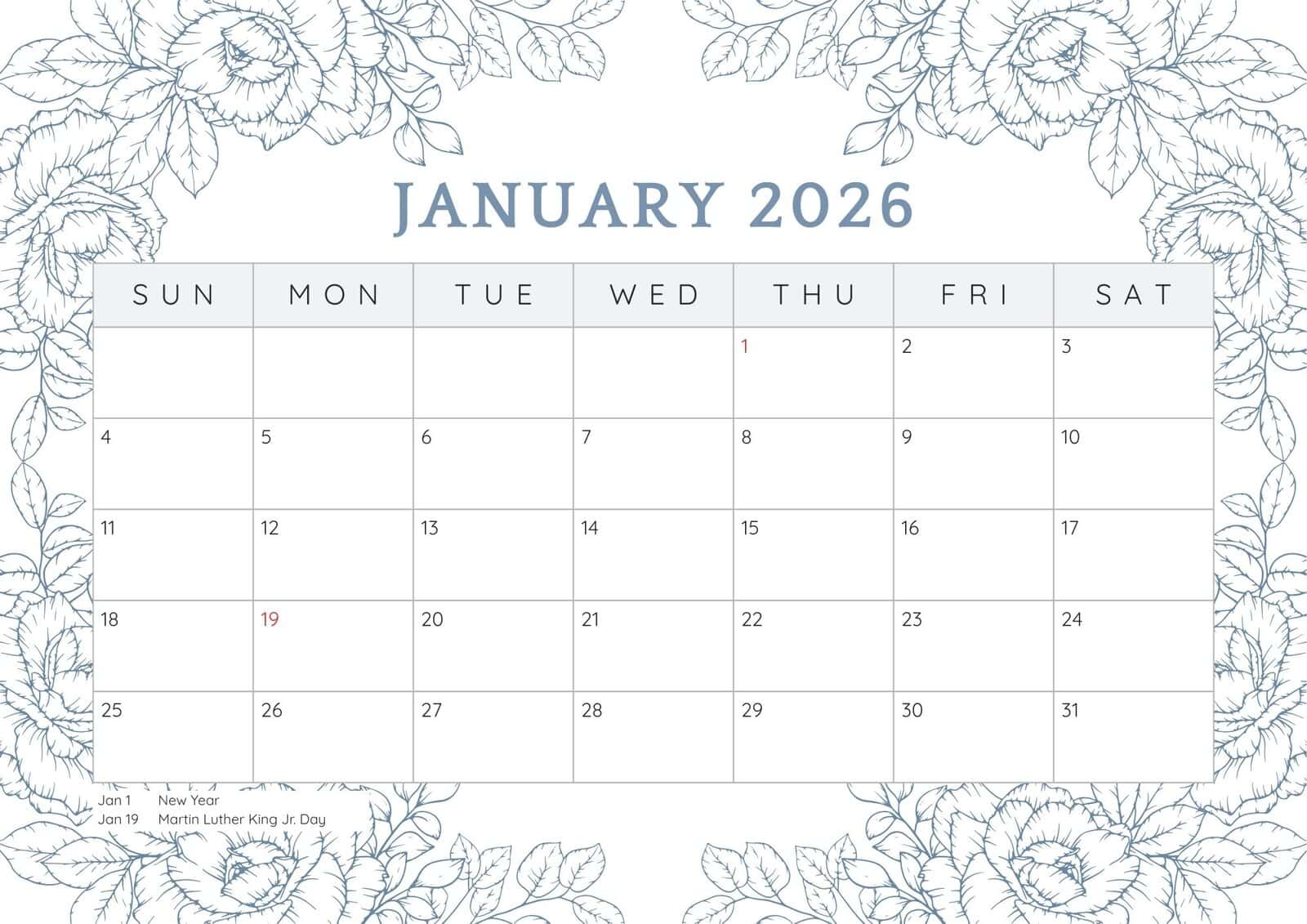 January 2026 printable calendar with holidays.