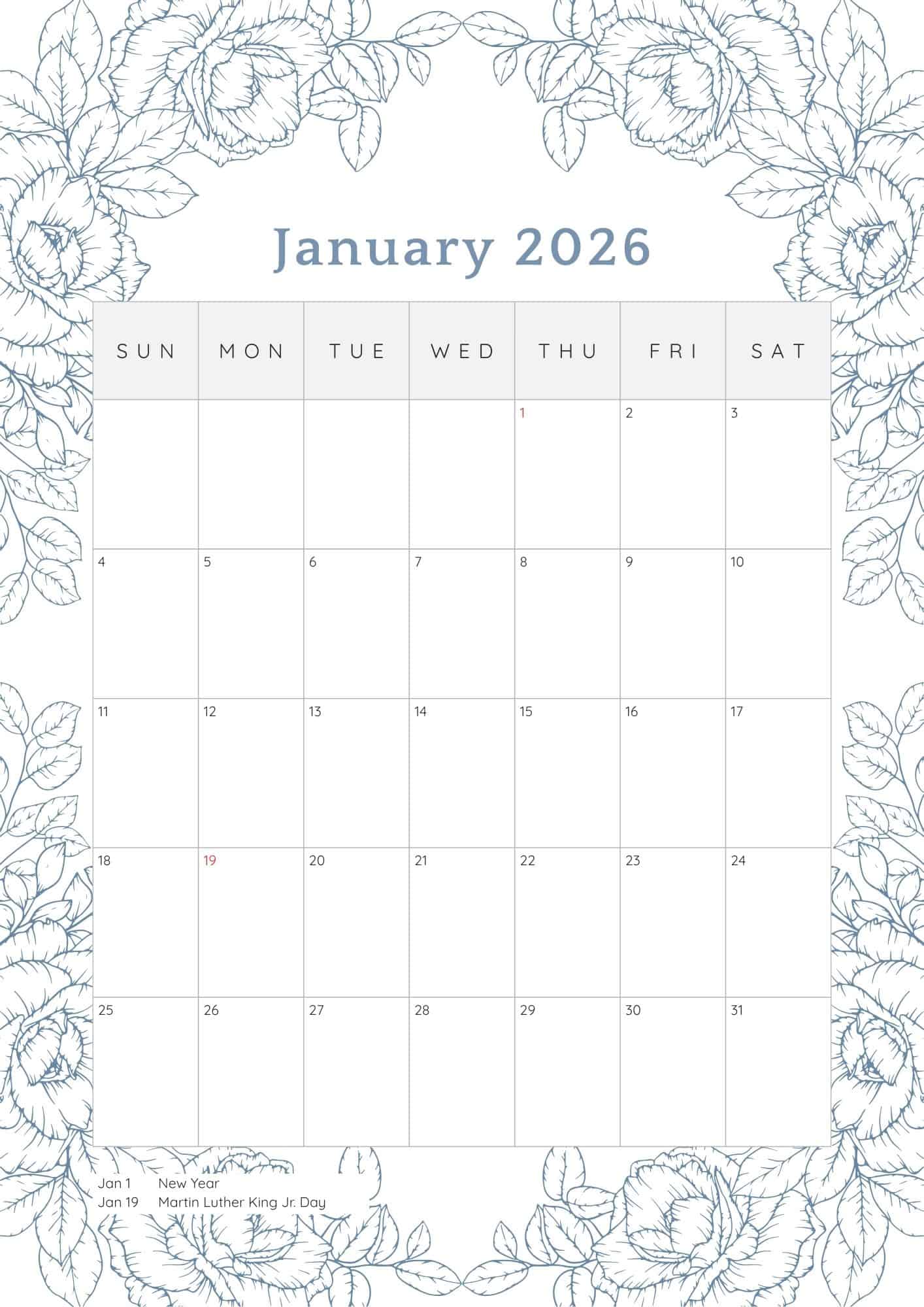 January 2026 printable calendar with holidays.