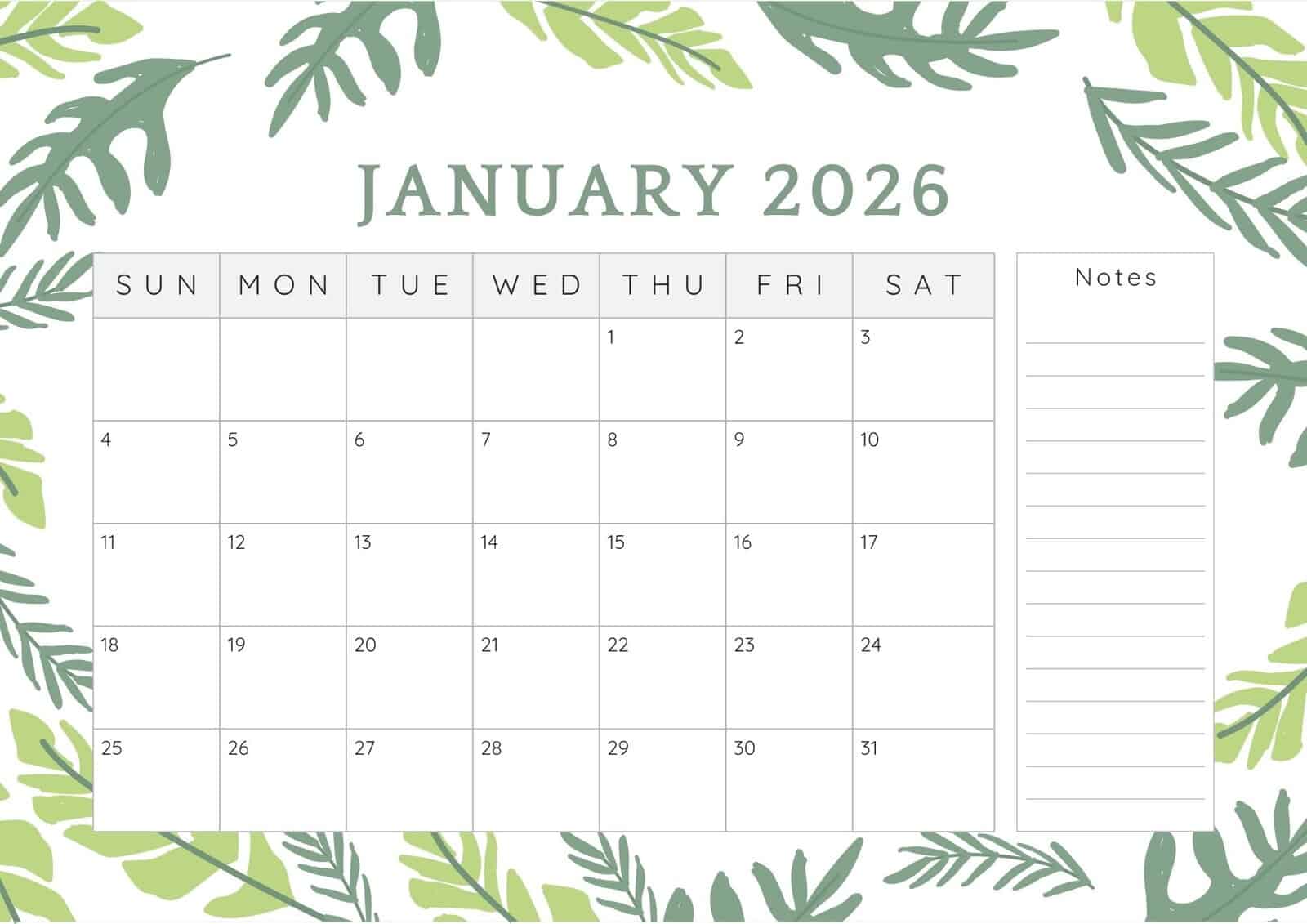 January 2026 printable calendar with notes.
