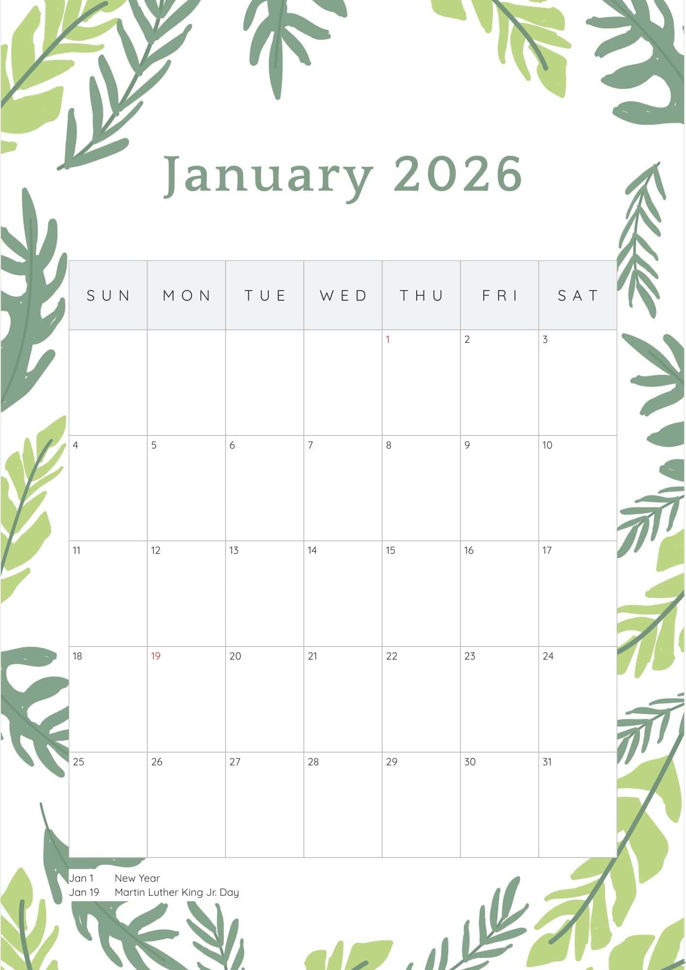 January 2026 printable calendar with holidays.