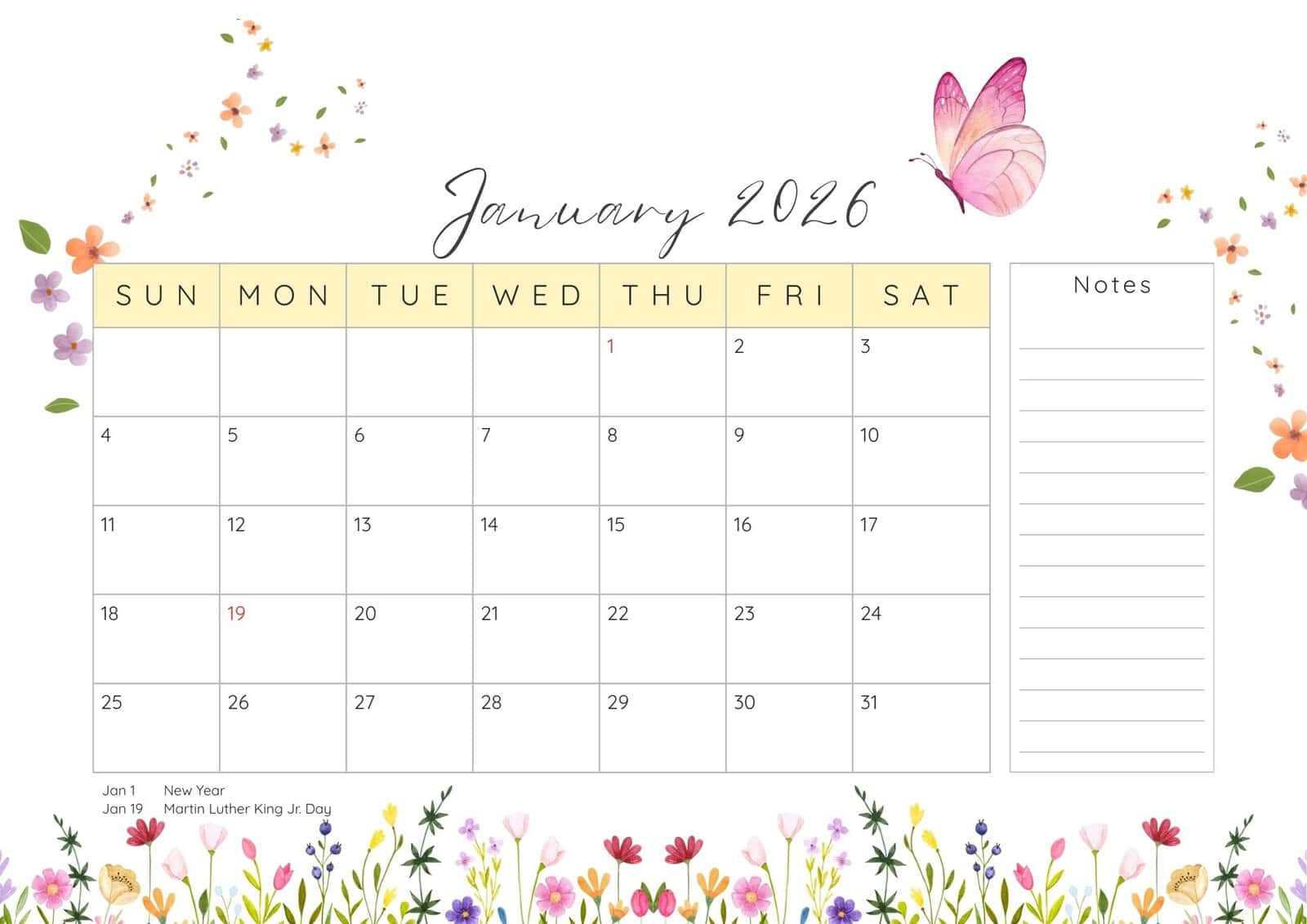 January 2026 printable calendar with notes and holidays.