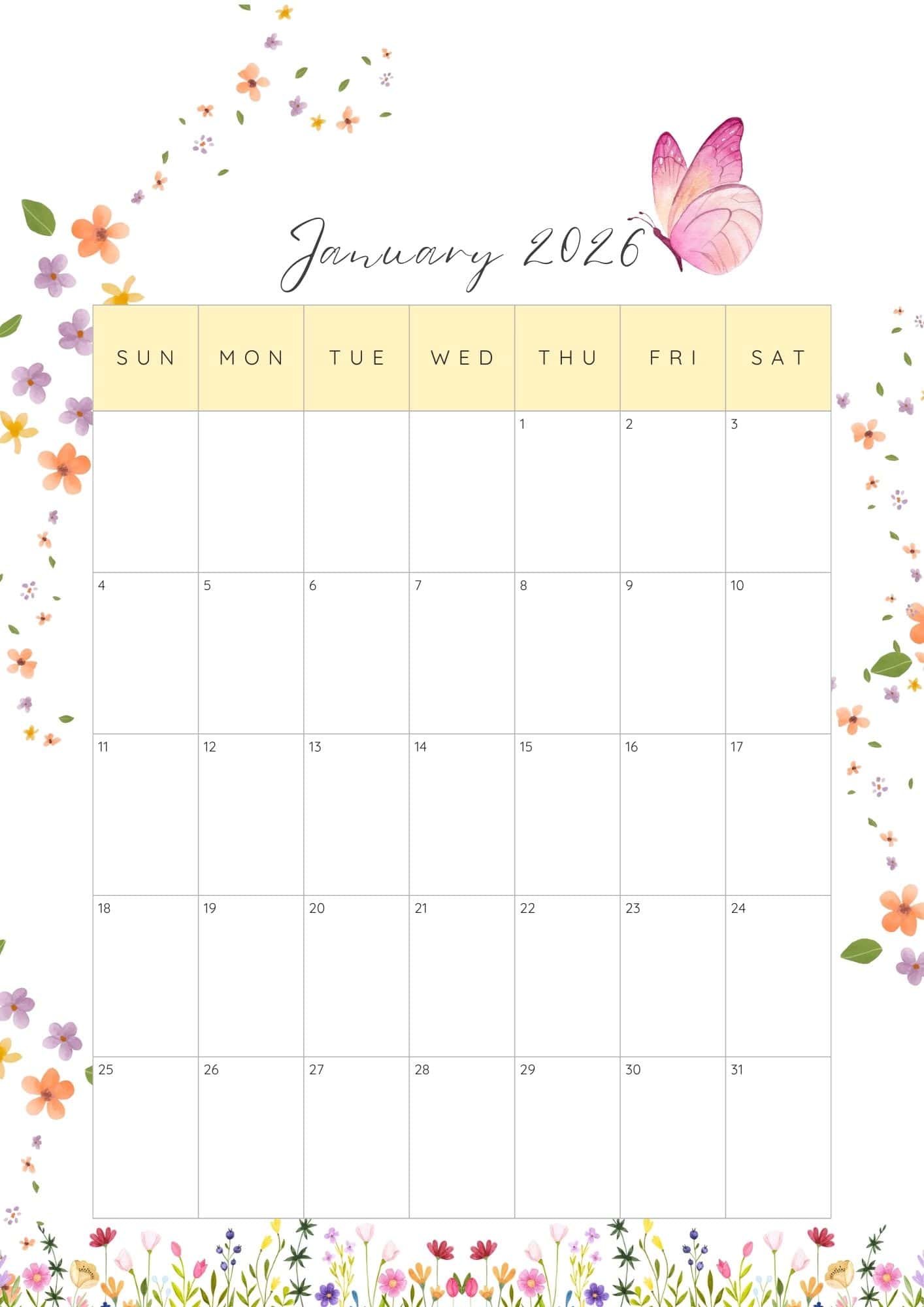 January 2026 calendar with flowers and butterfly.