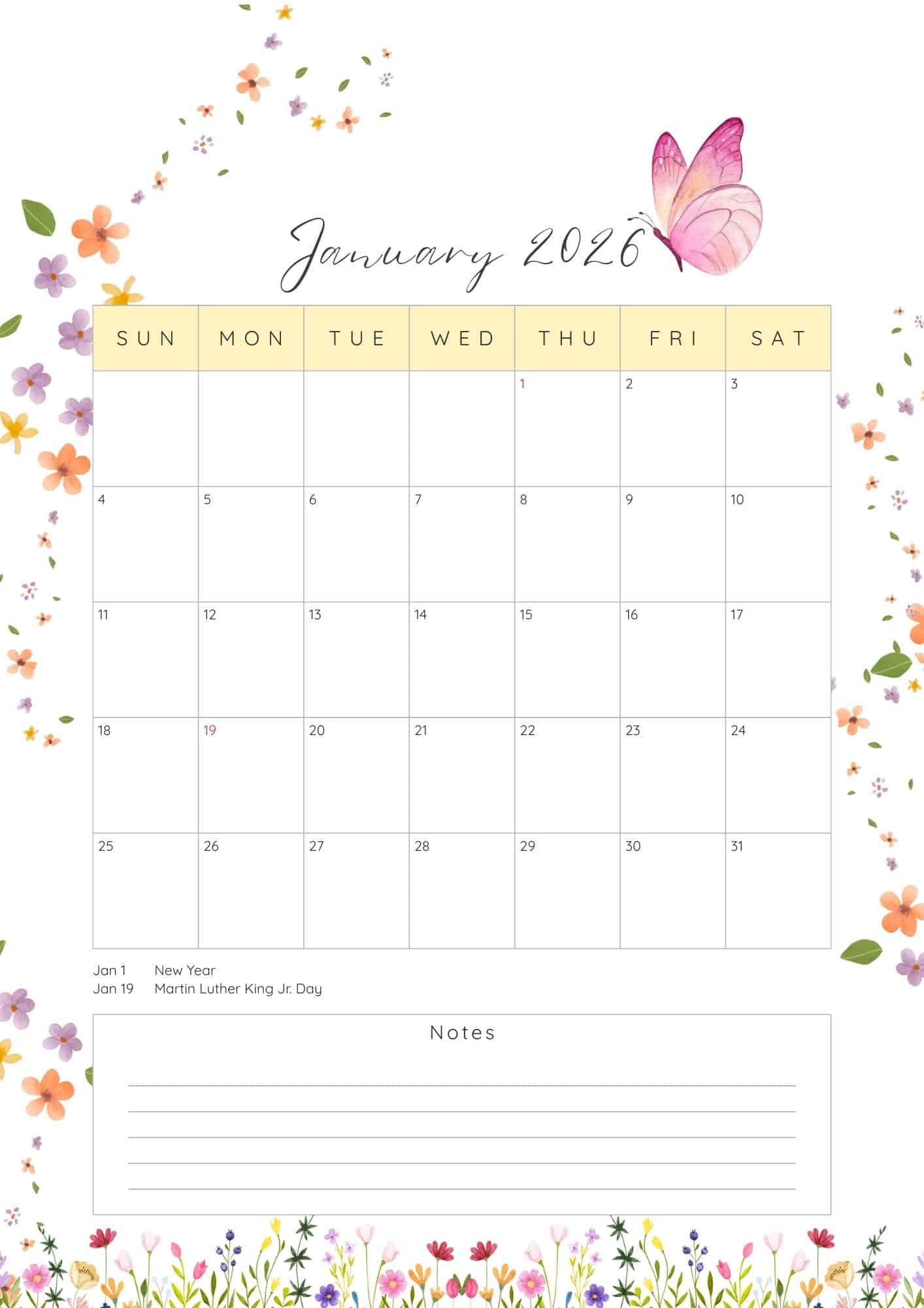January 2026 printable calendar with notes and holidays.