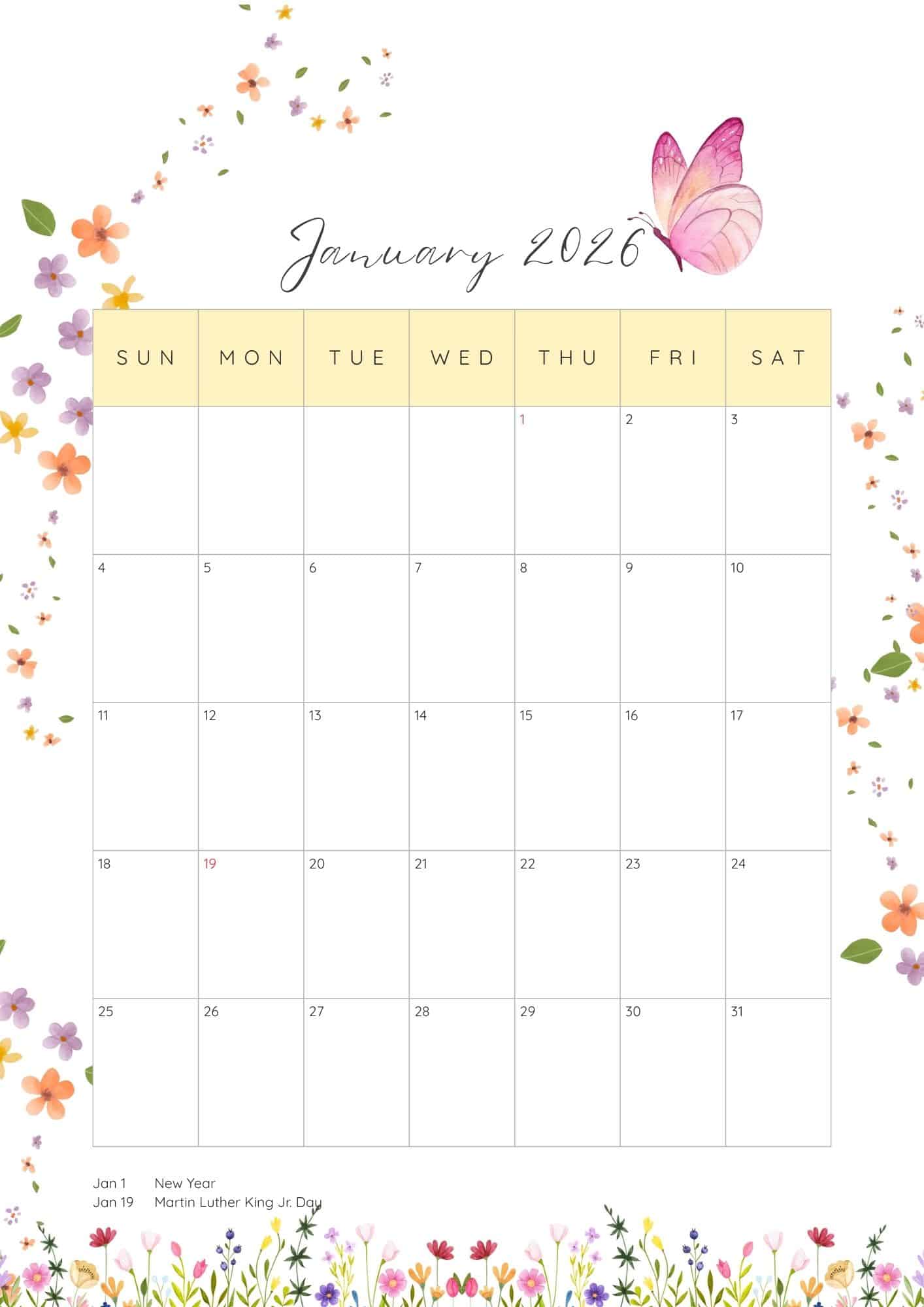 January 2026 printable calendar with holidays.