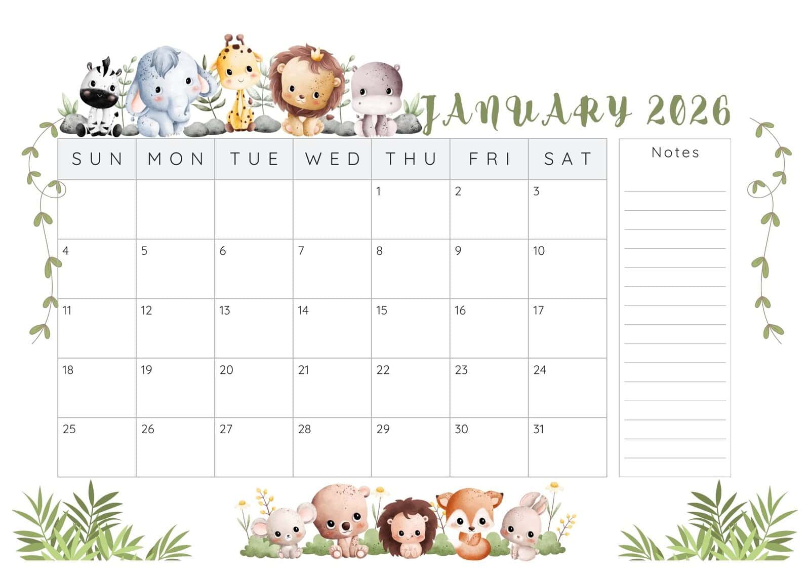 January 2026 printable calendar with notes.