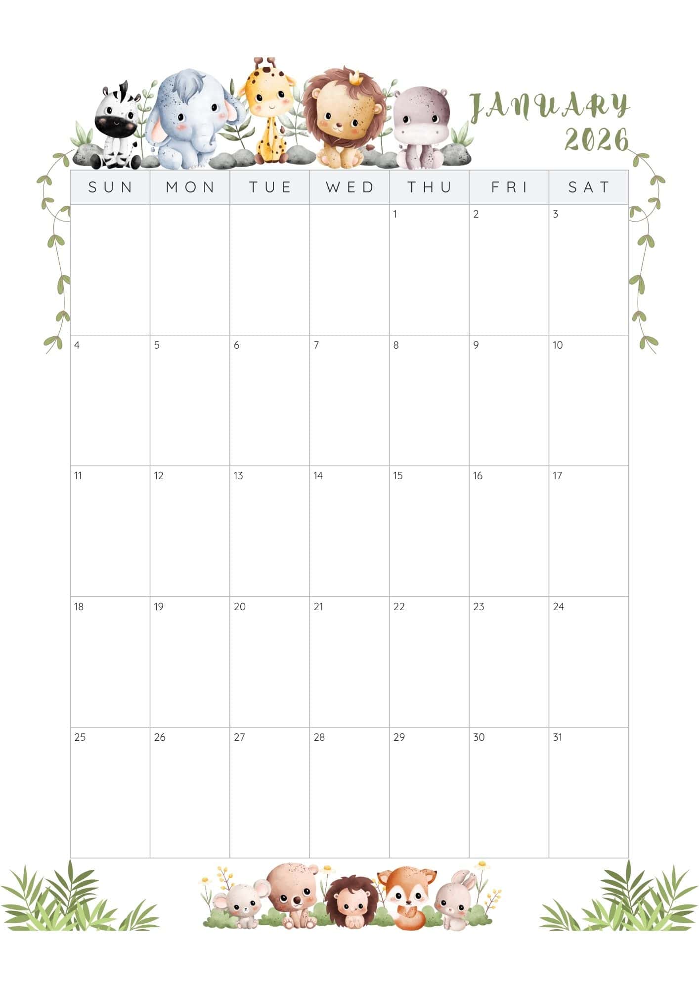 January 2026 blank calendar.