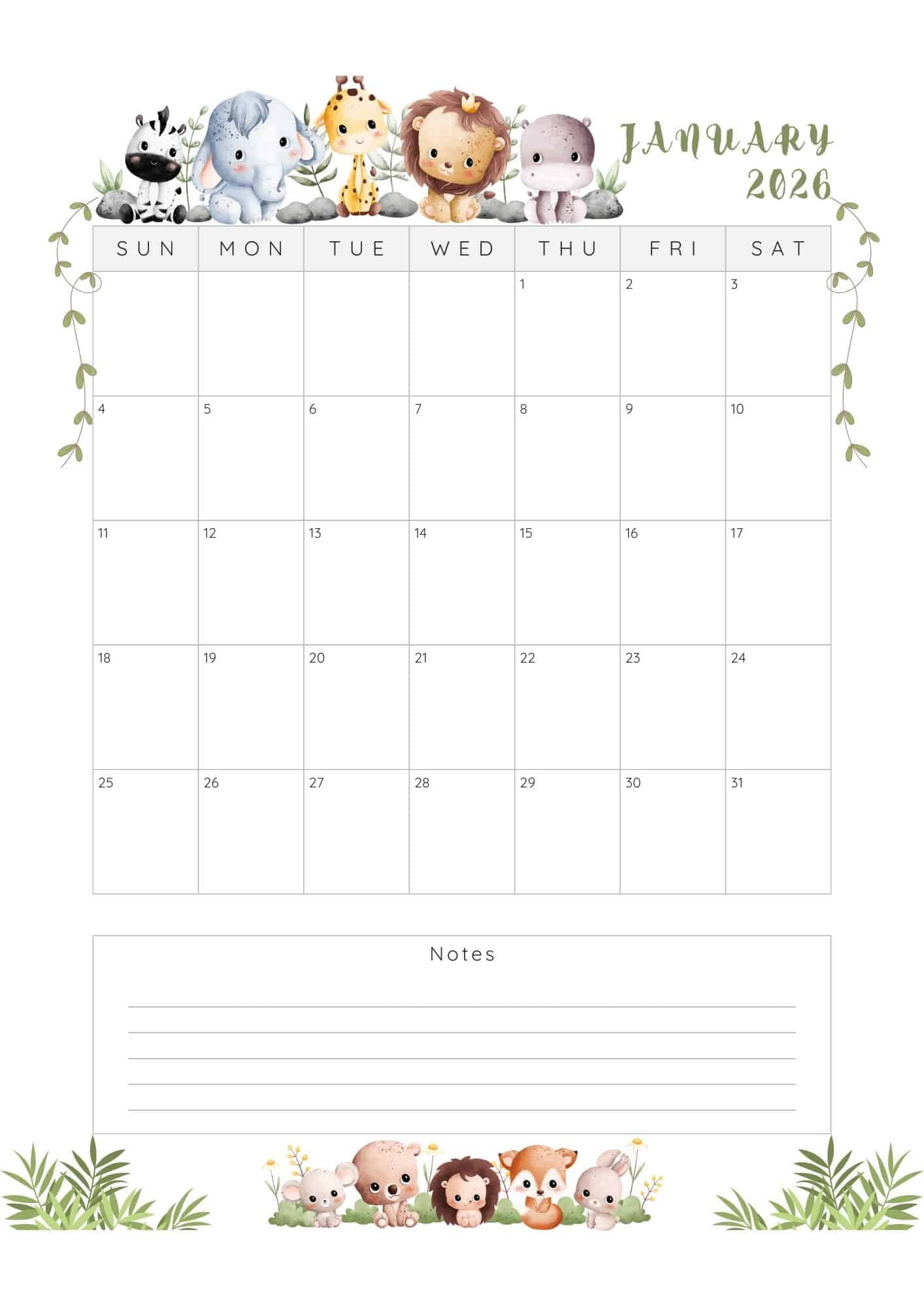 January 2026 printable calendar with notes.