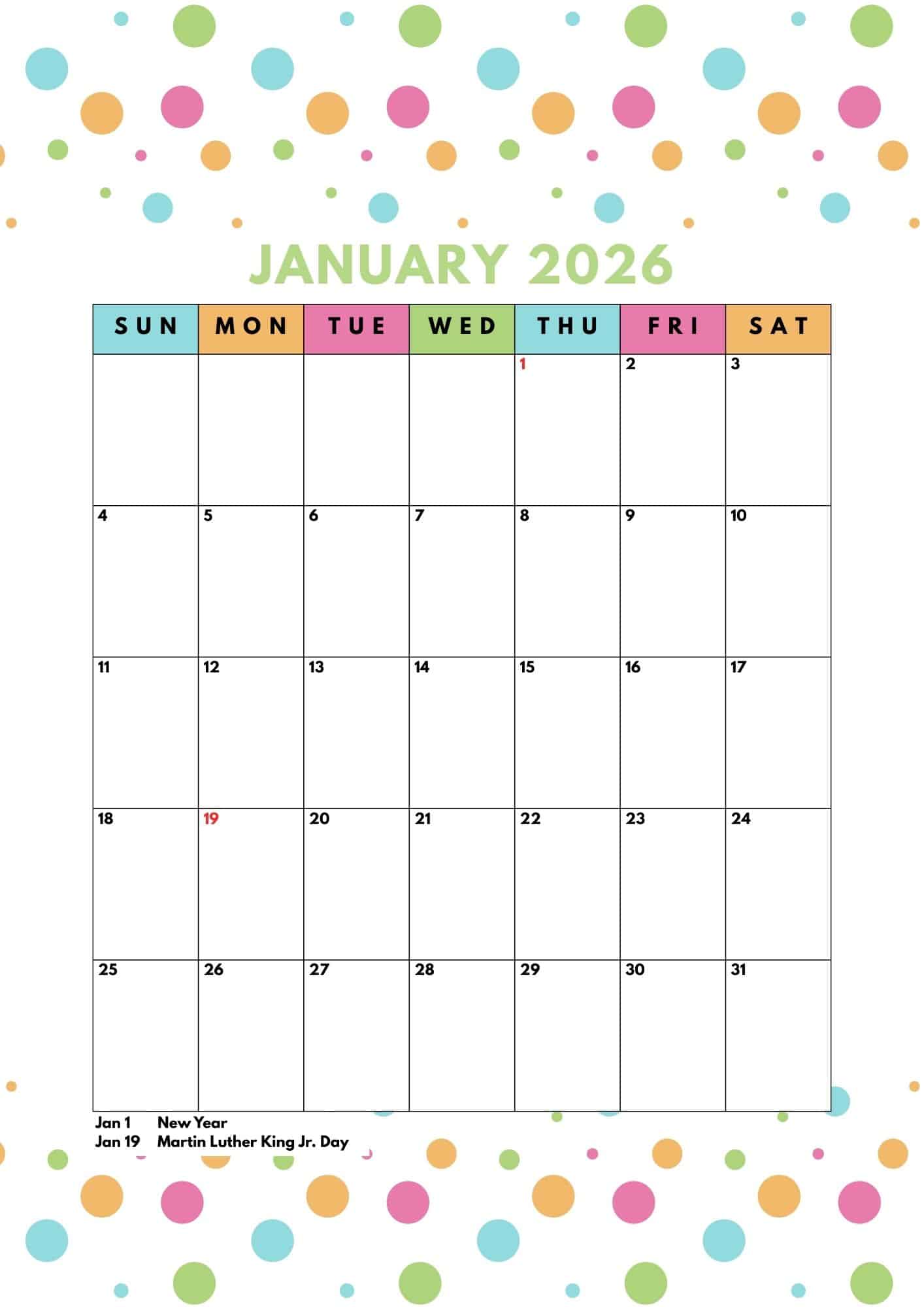 January 2026 printable calendar with holidays.