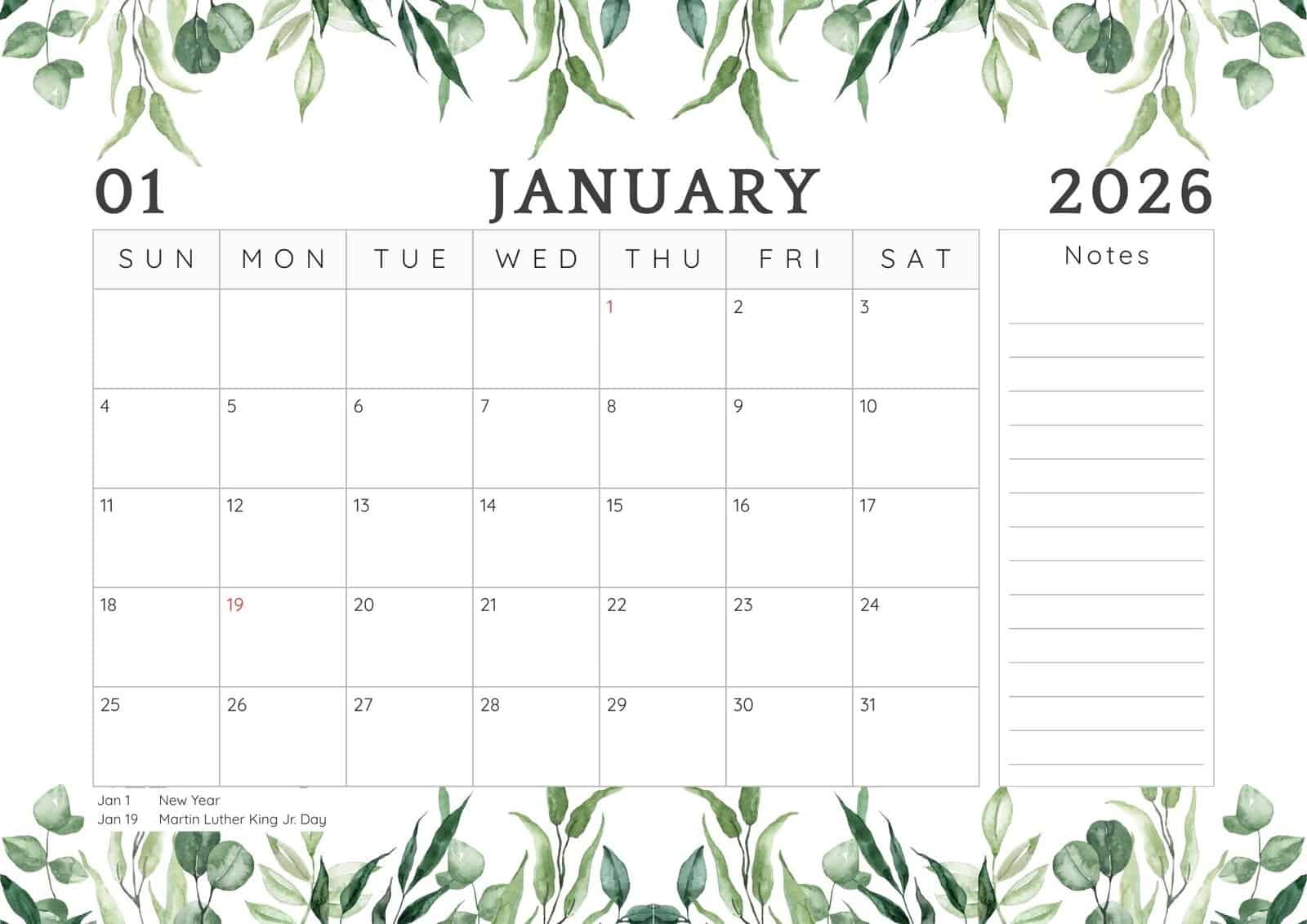 January 2026 printable calendar with notes and holidays.
