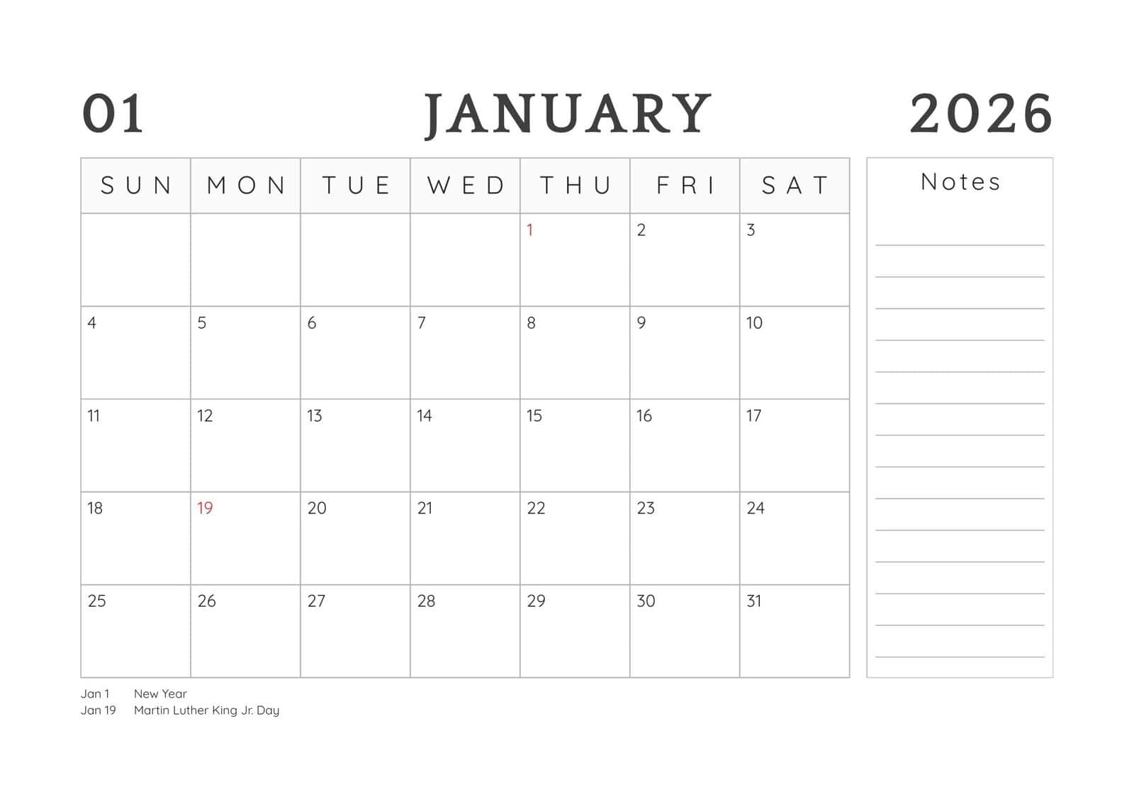 Minimalist Sunday start January 2026 calendar with holidays and notes.